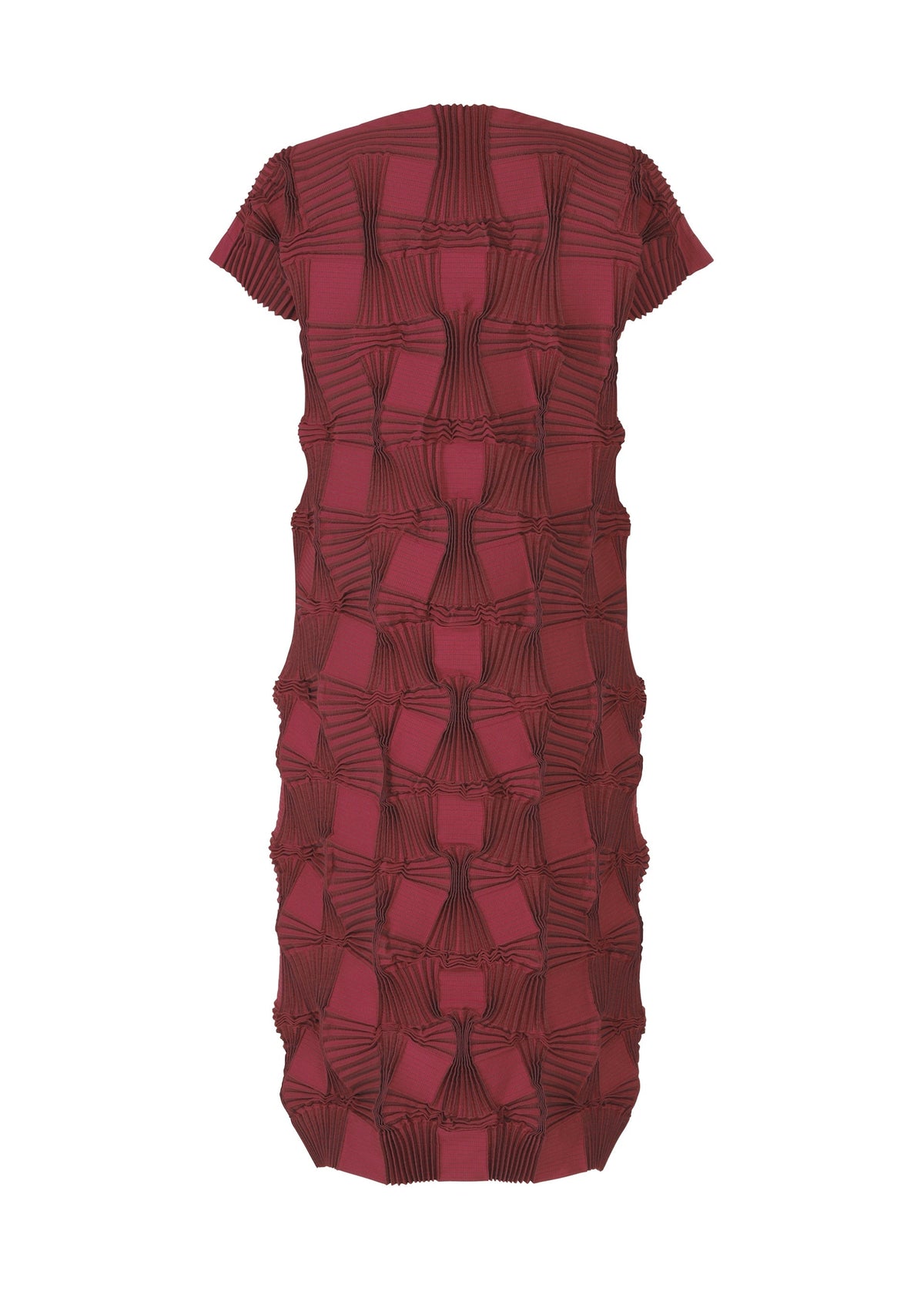 The TYPE-O 018 by A-POC ABLE ISSEY MIYAKE is a knee-length, short-sleeved maroon dress with pleats and a geometric 3D textured pattern of raised squares and intersecting lines. view 2 of 6