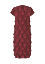The TYPE-O 018 by A-POC ABLE ISSEY MIYAKE is a knee-length, short-sleeved maroon dress with pleats and a geometric 3D textured pattern of raised squares and intersecting lines.