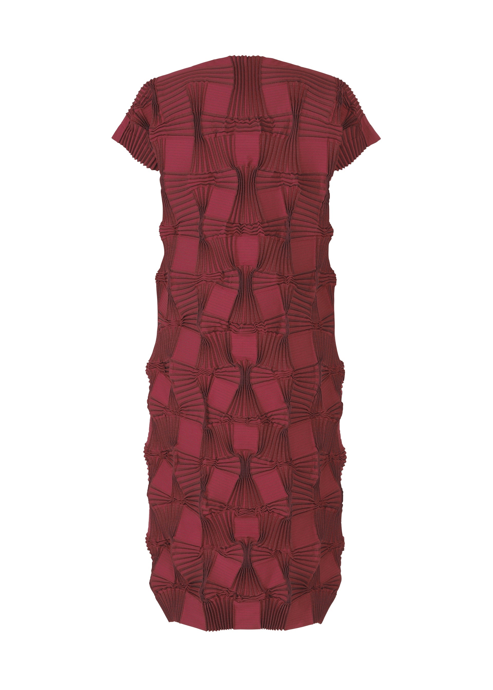 Zoomed view The TYPE-O 018 by A-POC ABLE ISSEY MIYAKE is a knee-length, short-sleeved maroon dress with pleats and a geometric 3D textured pattern of raised squares and intersecting lines.