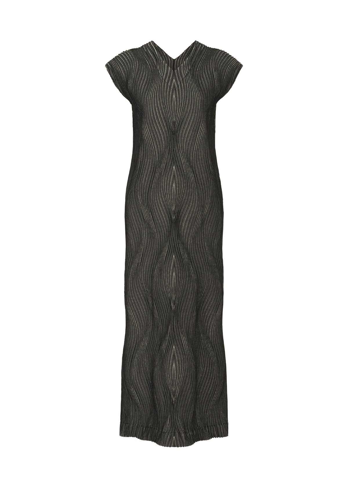 The TYPE-XI Spiber project dress by A-POC ABLE ISSEY MIYAKE is a long, black, short-sleeved, V-neck style with a wavy textured pattern and slim silhouette made from biodegradable material. view 1 of 7