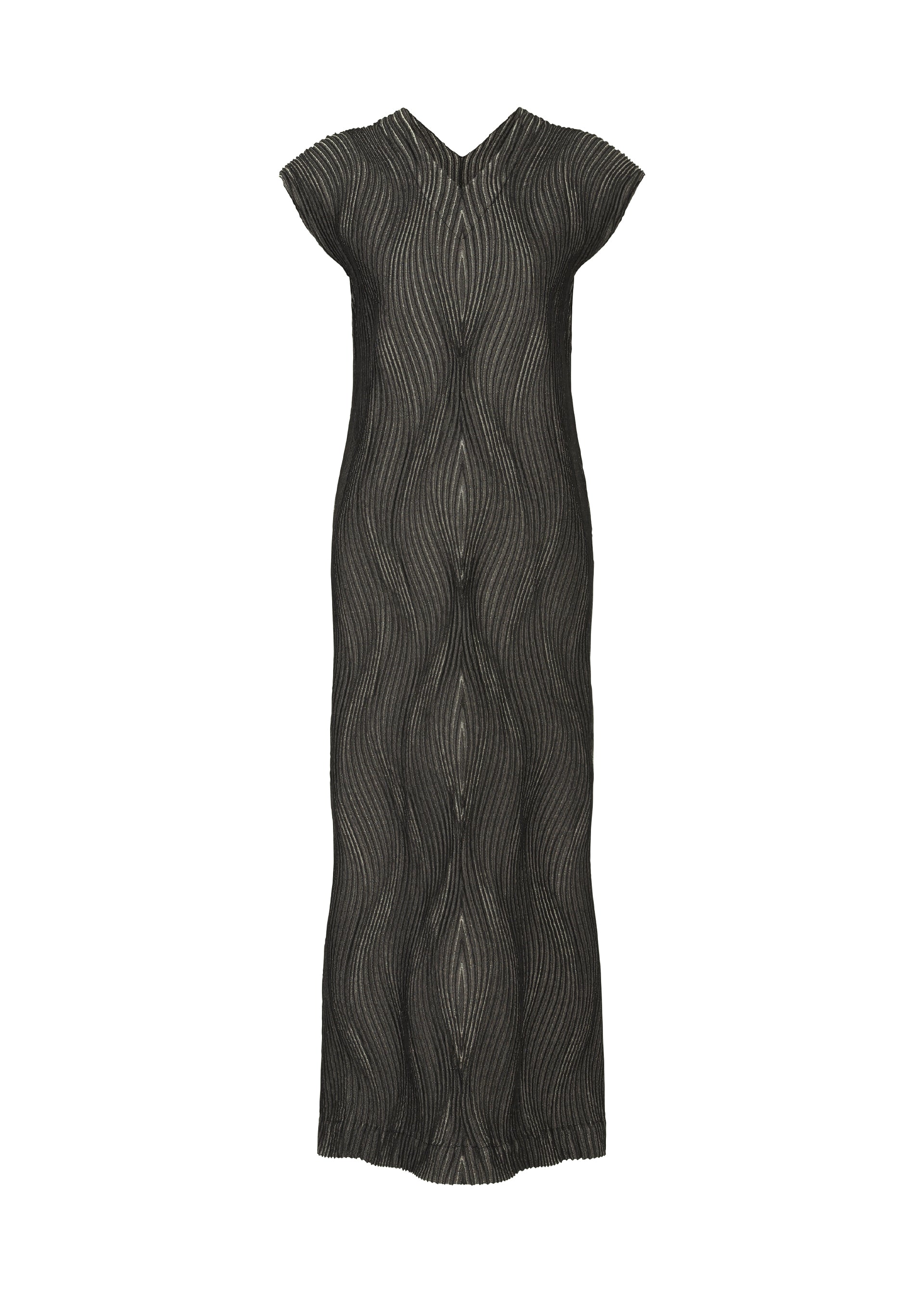 Zoomed view The TYPE-XI Spiber project dress by A-POC ABLE ISSEY MIYAKE is a long, black, short-sleeved, V-neck style with a wavy textured pattern and slim silhouette made from biodegradable material. - BEIGE-HUED （no.46）