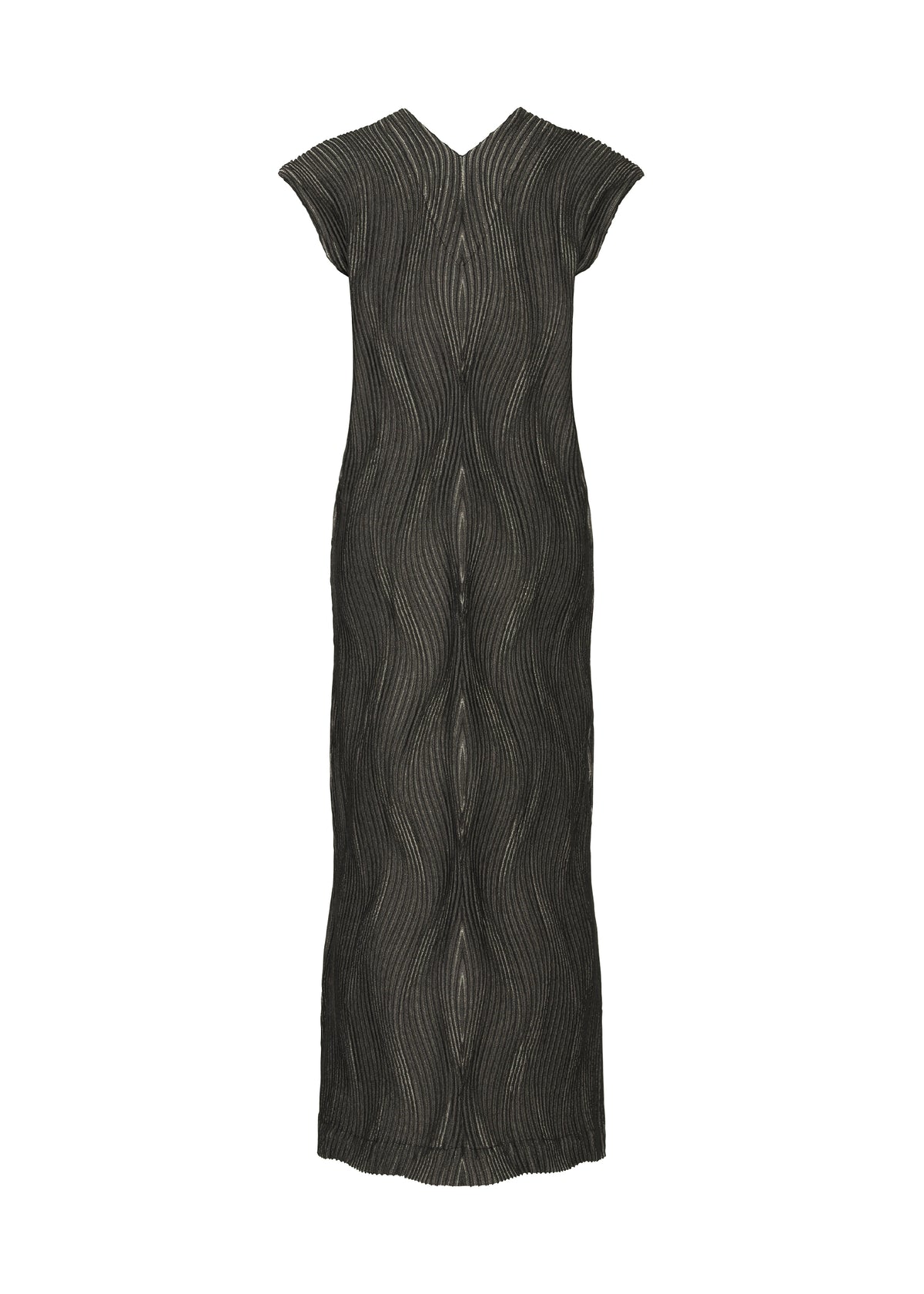 The TYPE-XI Spiber project by A-POC ABLE ISSEY MIYAKE is a sleeveless, long black dress with a fitted silhouette and wavy textured patterns, made from eco-friendly Brewed Protein fiber. High neckline and ankle length add elegance. view 2 of 7