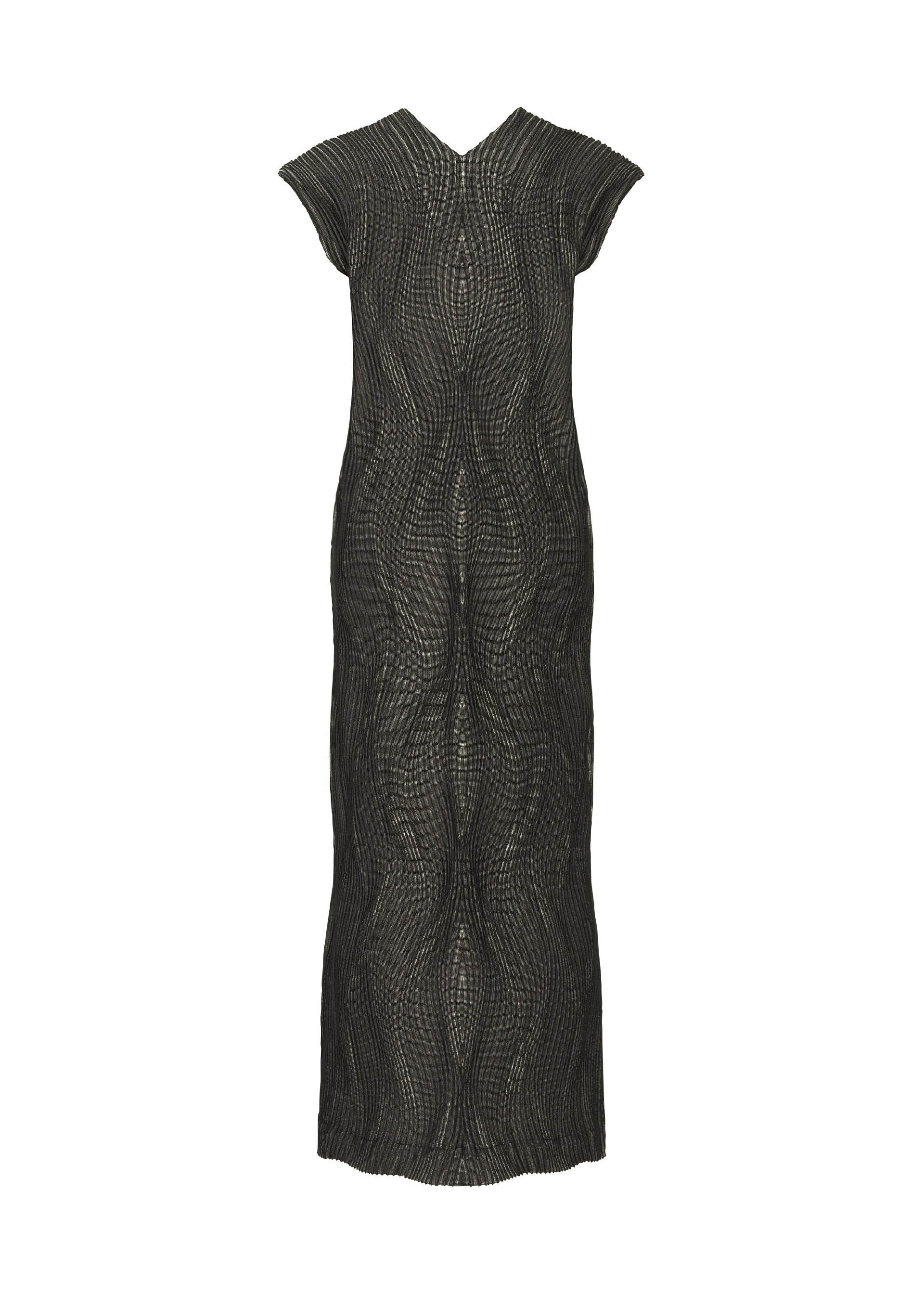 Zoomed view The TYPE-XI Spiber project by A-POC ABLE ISSEY MIYAKE is a sleeveless, long black dress with a fitted silhouette and wavy textured patterns, made from eco-friendly Brewed Protein fiber. High neckline and ankle length add elegance.