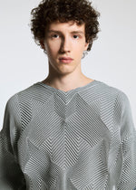 A young person with short, curly brown hair wears the TYPE-O 010 textured light gray sweater by A-POC ABLE ISSEY MIYAKE, featuring a subtle houndstooth pattern. They look at the camera against a plain, light background.