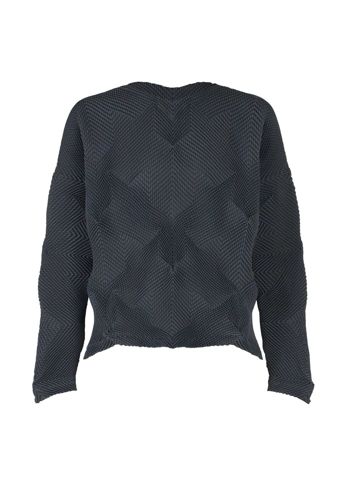 The TYPE-O 010 by A-POC ABLE ISSEY MIYAKE is a long-sleeved black sweater made from recycled polyester, shown from the back on a white background with a geometric pattern and subtly uneven hem. view 2 of 6