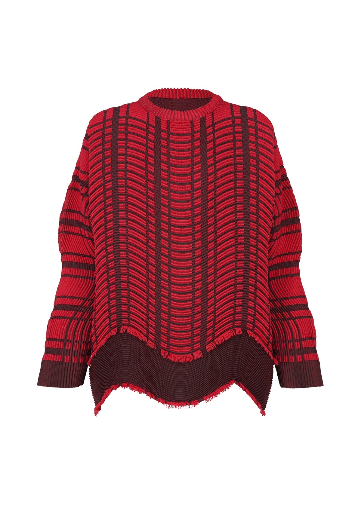 The TYPE-W 010 by A-POC ABLE ISSEY MIYAKE is a red and black oversized sweater with geometric stripes, long sleeves, a high-low hem, distressed edges, and subtle horizontal pleats for added dimension. view 2 of 6