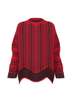 The TYPE-W 010 by A-POC ABLE ISSEY MIYAKE is a red and black oversized sweater with geometric stripes, long sleeves, a high-low hem, distressed edges, and subtle horizontal pleats for added dimension. - RED-HUED （no.26）
