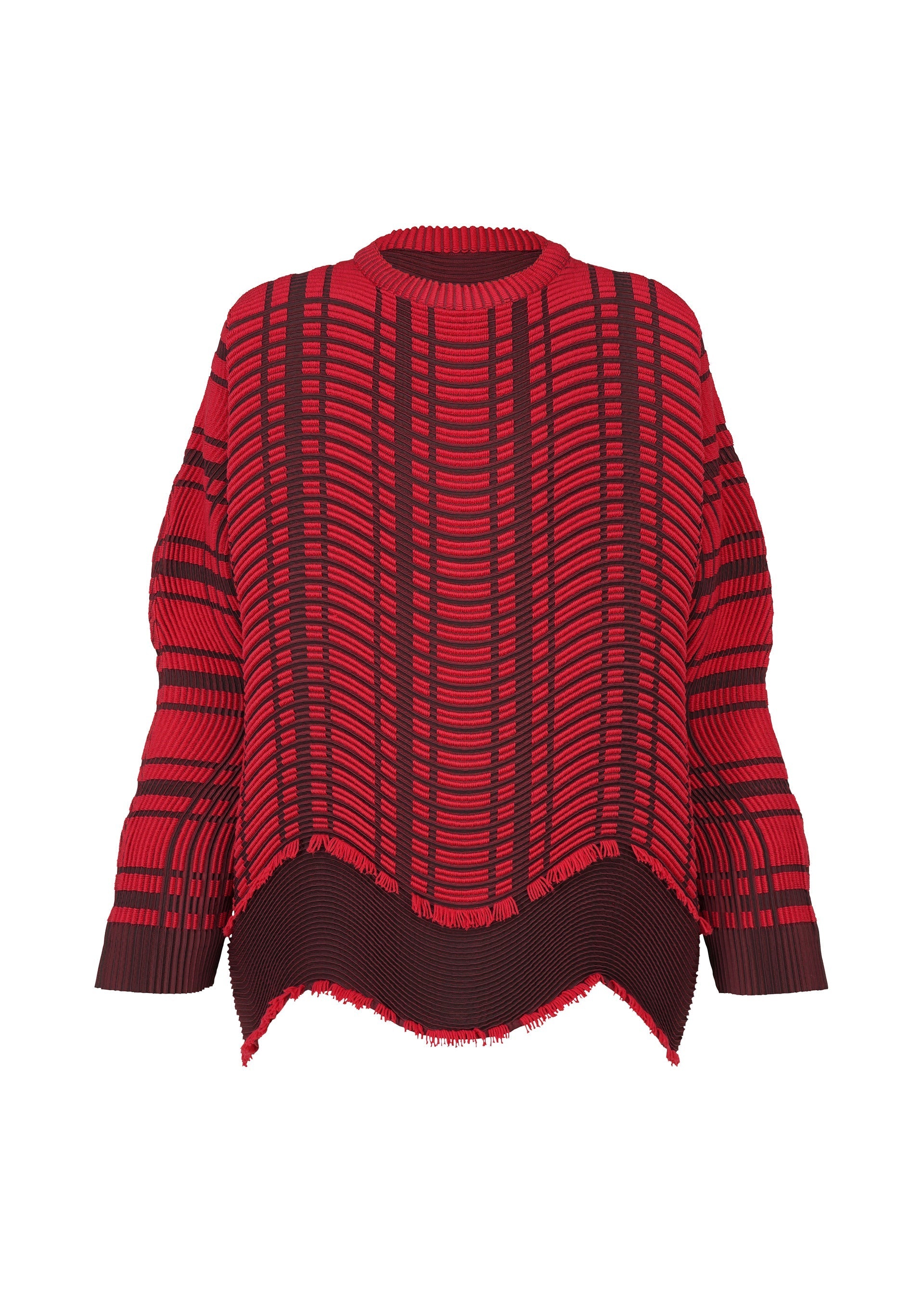 Zoomed view The TYPE-W 010 by A-POC ABLE ISSEY MIYAKE is a red and black oversized sweater with geometric stripes, long sleeves, a high-low hem, distressed edges, and subtle horizontal pleats for added dimension. - RED-HUED （no.26）