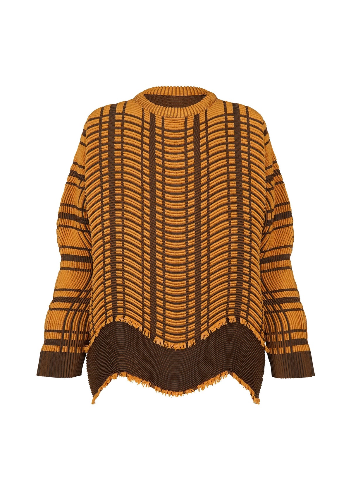 The TYPE-W 010 by A-POC ABLE ISSEY MIYAKE is a loose-fit sweater with a mustard yellow and dark brown geometric pattern, knit texture, wide sleeves, and an uneven fringed hem. view 3 of 6