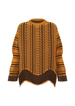 The TYPE-W 010 by A-POC ABLE ISSEY MIYAKE is a loose-fit sweater with a mustard yellow and dark brown geometric pattern, knit texture, wide sleeves, and an uneven fringed hem. - ORANGE-HUED （no.36）