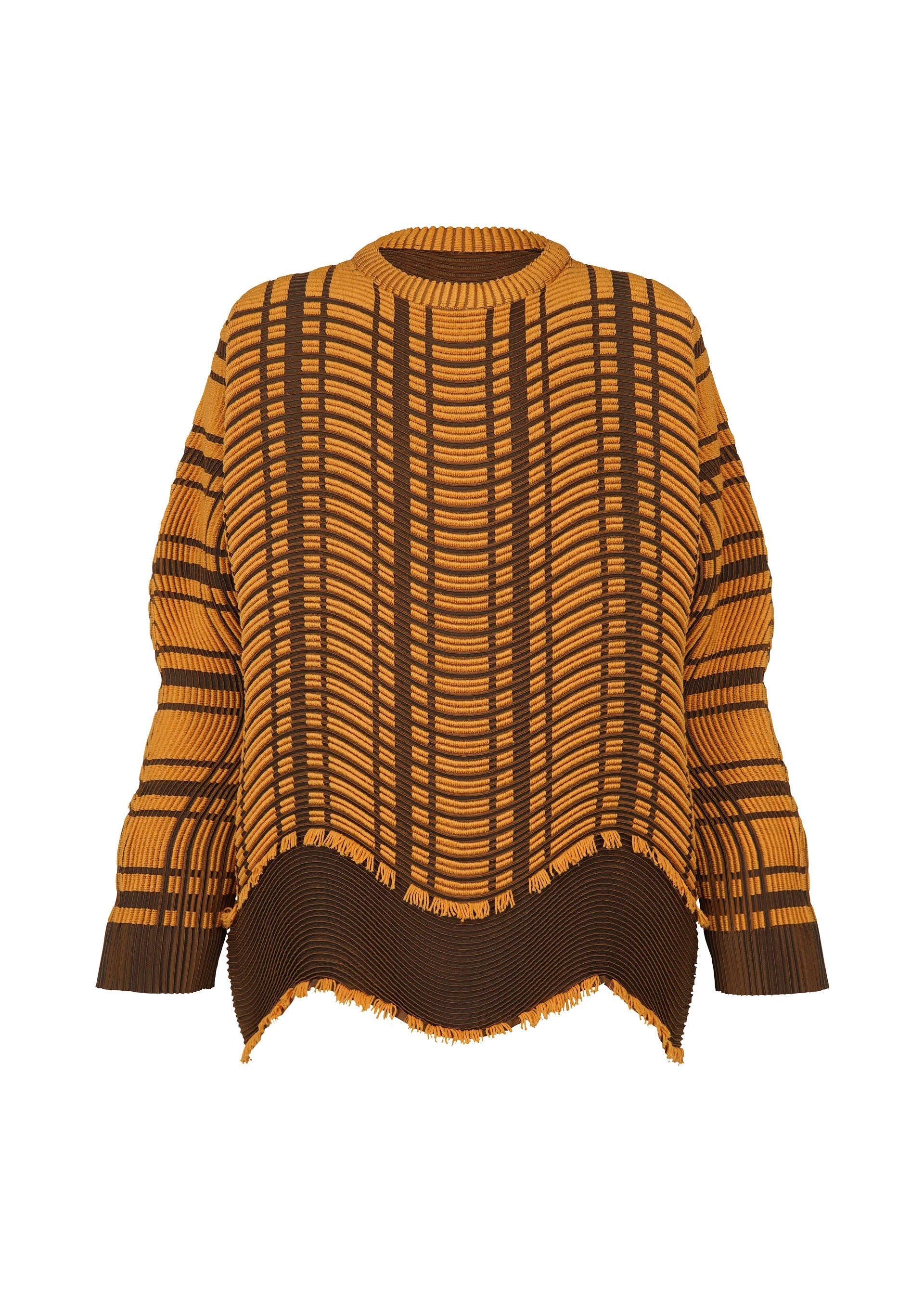Zoomed view The TYPE-W 010 by A-POC ABLE ISSEY MIYAKE is a loose-fit sweater with a mustard yellow and dark brown geometric pattern, knit texture, wide sleeves, and an uneven fringed hem. - ORANGE-HUED （no.36）