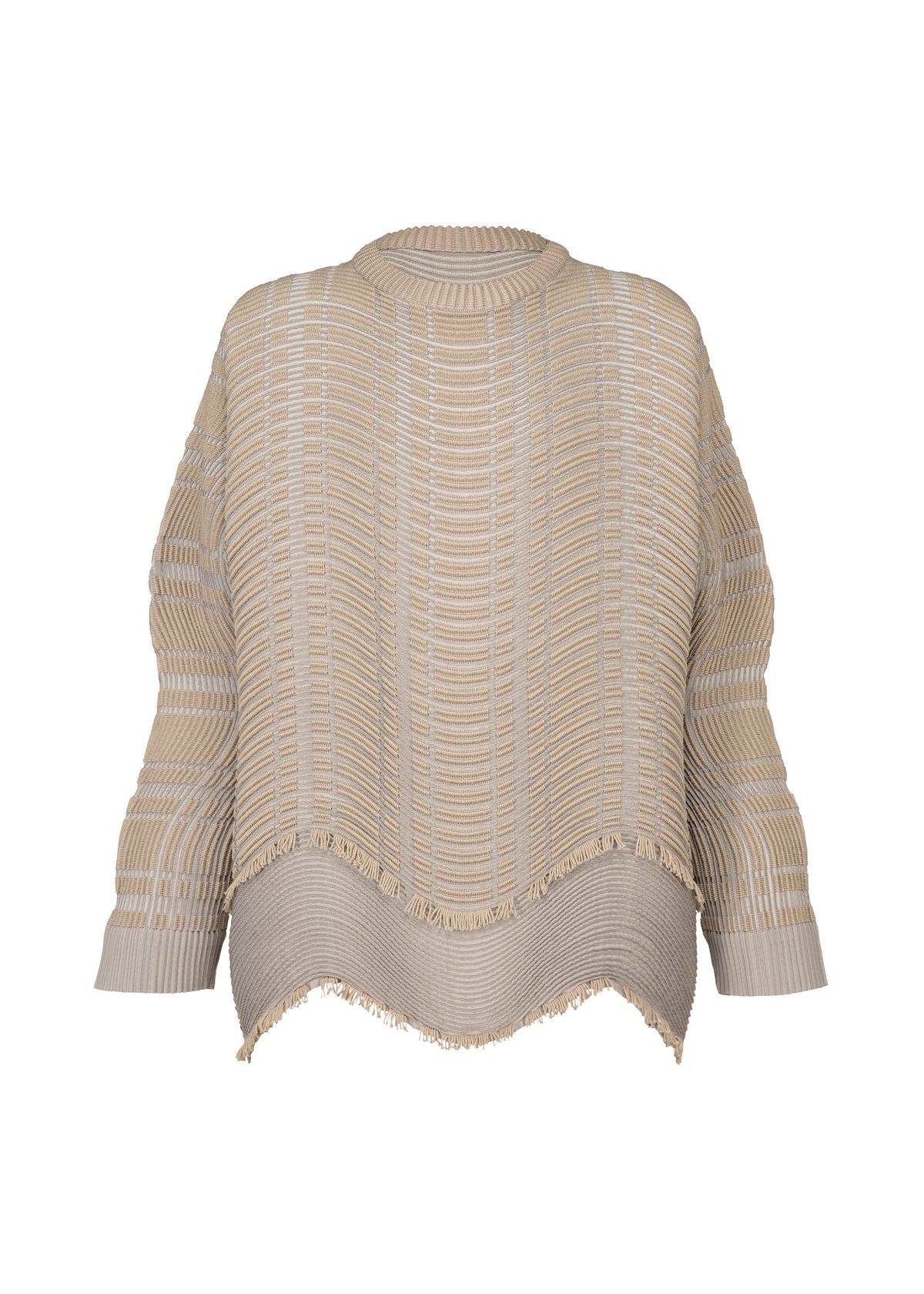 The TYPE-W 010 by A-POC ABLE ISSEY MIYAKE is a beige oversized knit sweater with horizontal ribbed patterns, dropped shoulders, a high-low hem, and subtle fringe detailing along the edges. view 4 of 6
