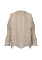 The TYPE-W 010 by A-POC ABLE ISSEY MIYAKE is a beige oversized knit sweater with horizontal ribbed patterns, dropped shoulders, a high-low hem, and subtle fringe detailing along the edges.