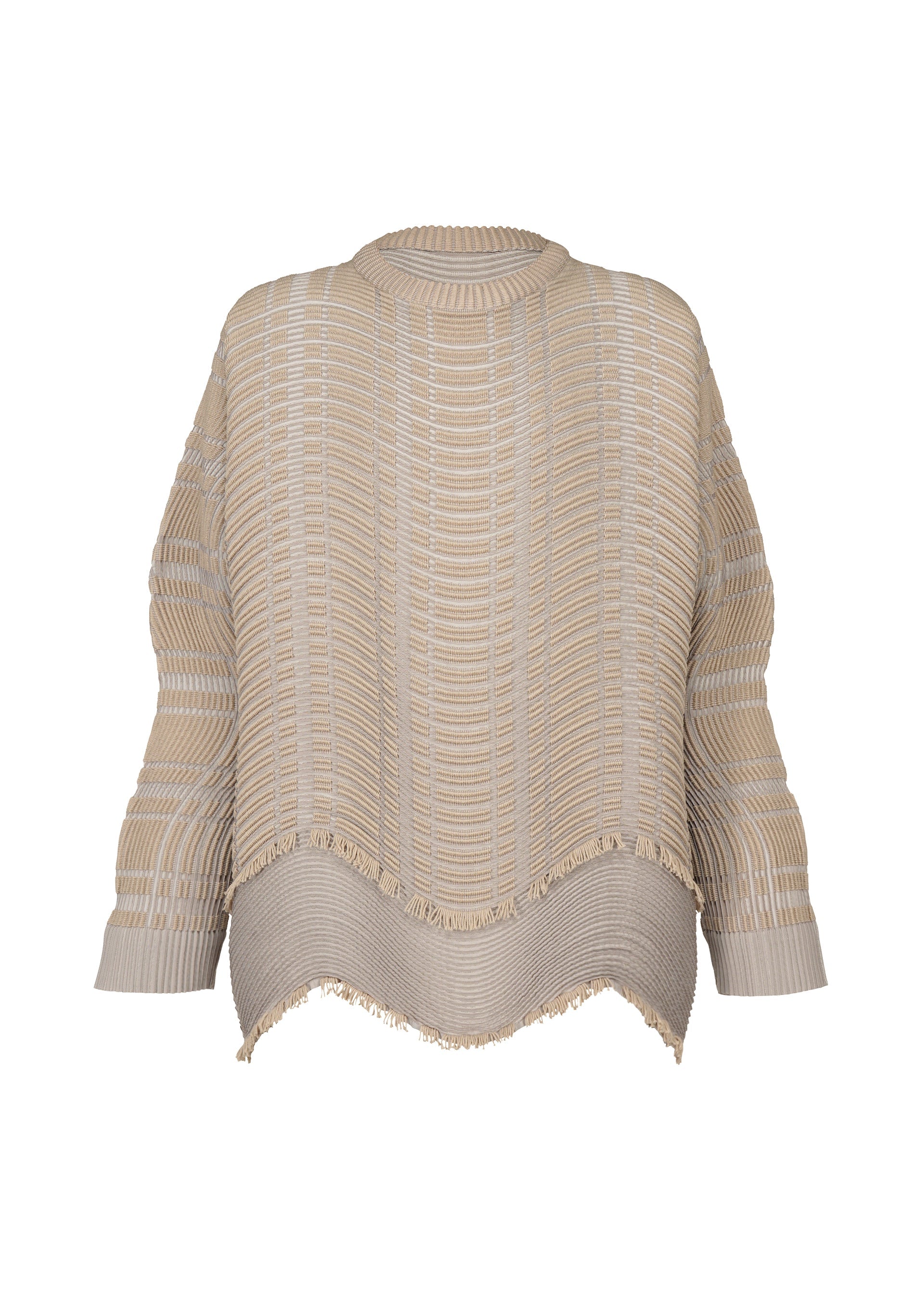 Zoomed view The TYPE-W 010 by A-POC ABLE ISSEY MIYAKE is a beige oversized knit sweater with horizontal ribbed patterns, dropped shoulders, a high-low hem, and subtle fringe detailing along the edges.