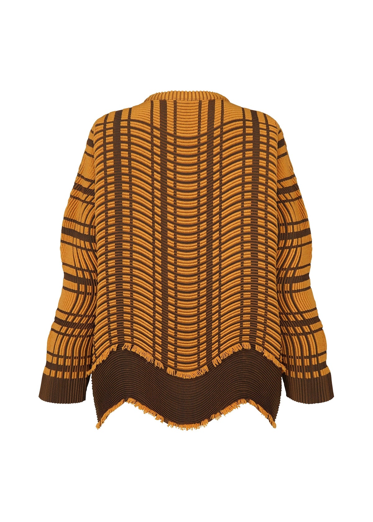 The TYPE-W 010 sweater by A-POC ABLE ISSEY MIYAKE features a mustard yellow and brown geometric plaid knit, loose fit, long sleeves, and a ribbed hem with subtly frayed, uneven edges. view 5 of 6