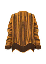 The TYPE-W 010 sweater by A-POC ABLE ISSEY MIYAKE features a mustard yellow and brown geometric plaid knit, loose fit, long sleeves, and a ribbed hem with subtly frayed, uneven edges.