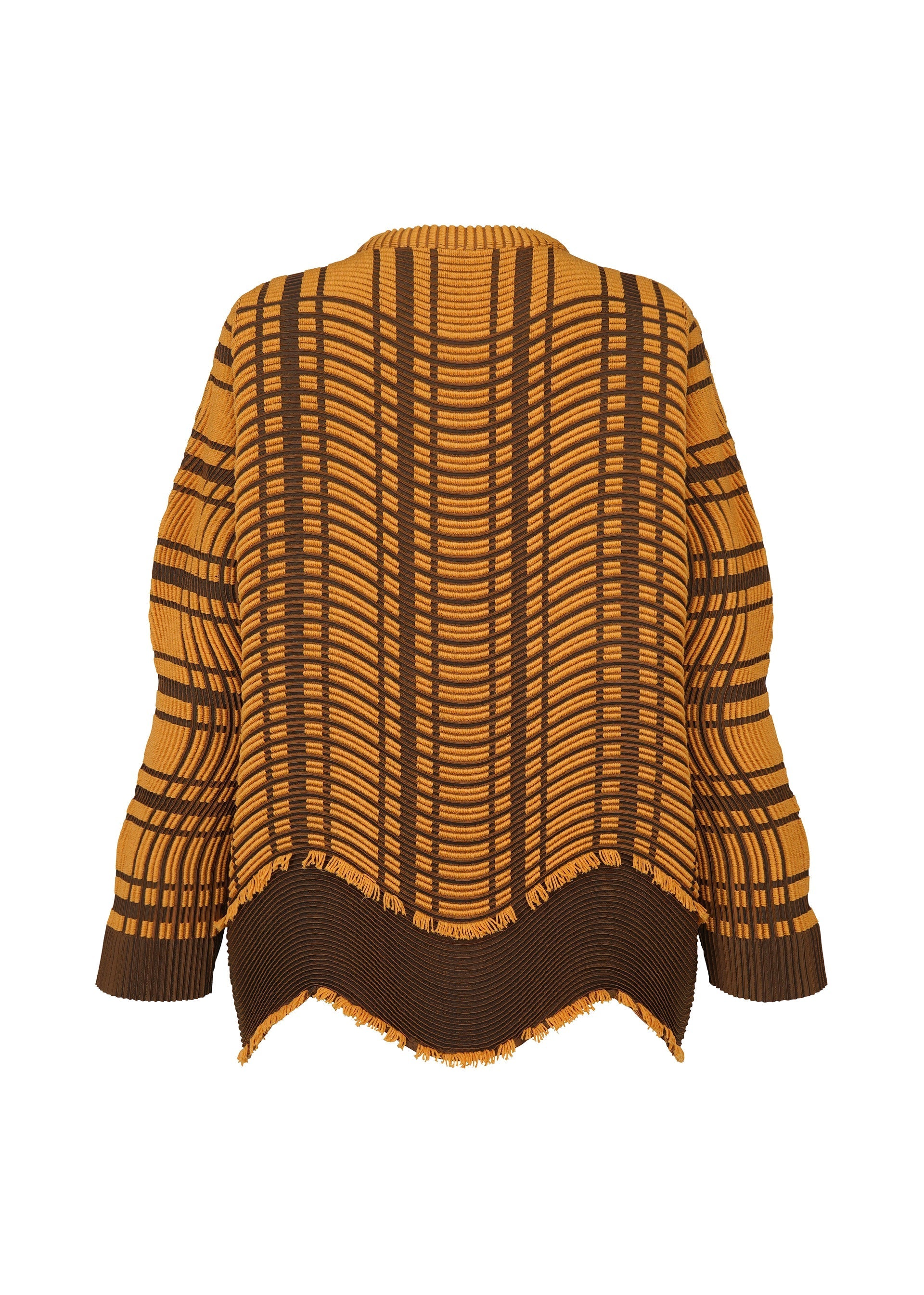 Zoomed view The TYPE-W 010 sweater by A-POC ABLE ISSEY MIYAKE features a mustard yellow and brown geometric plaid knit, loose fit, long sleeves, and a ribbed hem with subtly frayed, uneven edges.