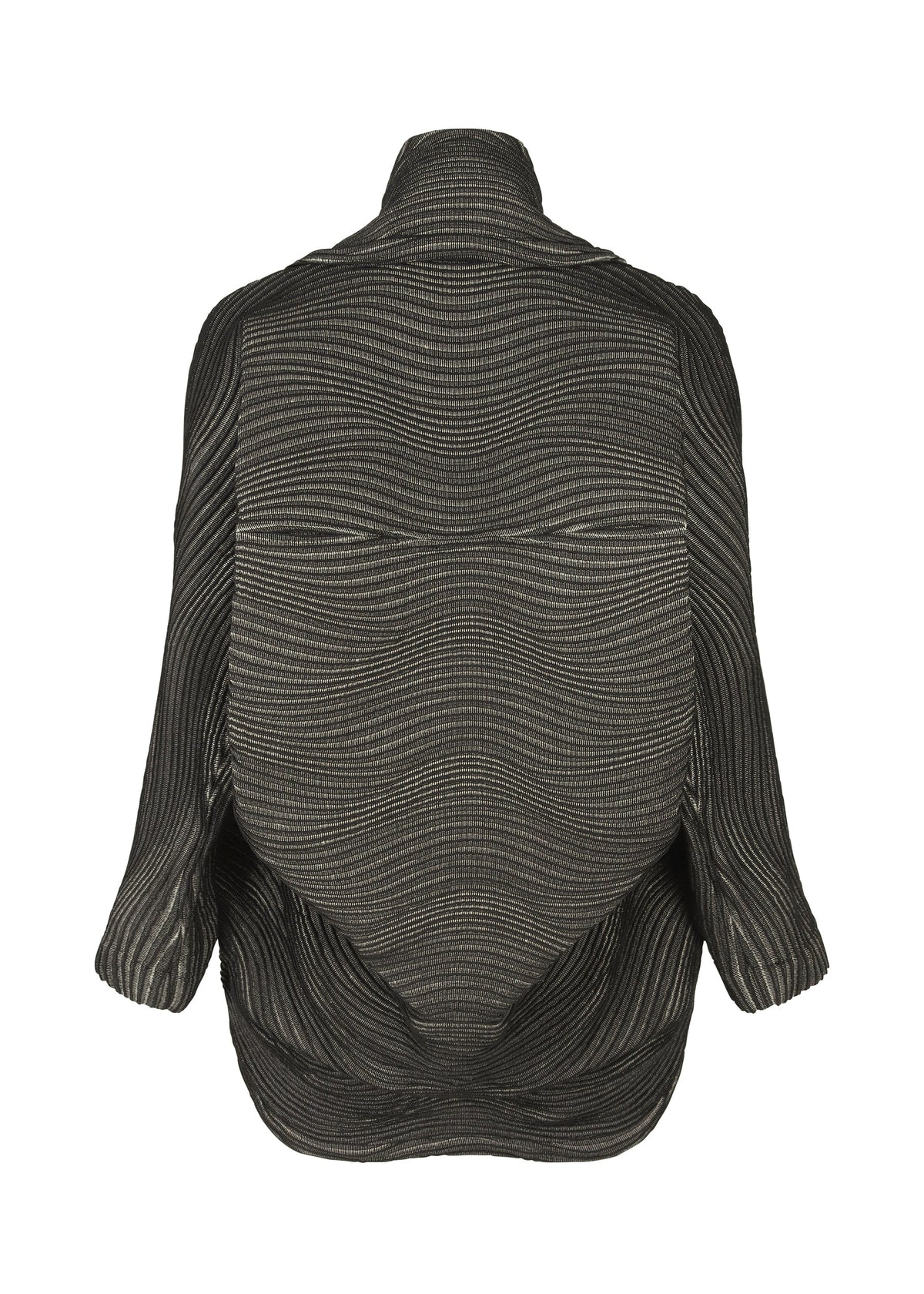 A back view of the TYPE-XI Spiber project jacket by A-POC ABLE ISSEY MIYAKE: a black and gray oversized, long-sleeve design with wavy stripes and high collar, crafted from Brewed Protein™ fiber via microbial fermentation. view 2 of 9