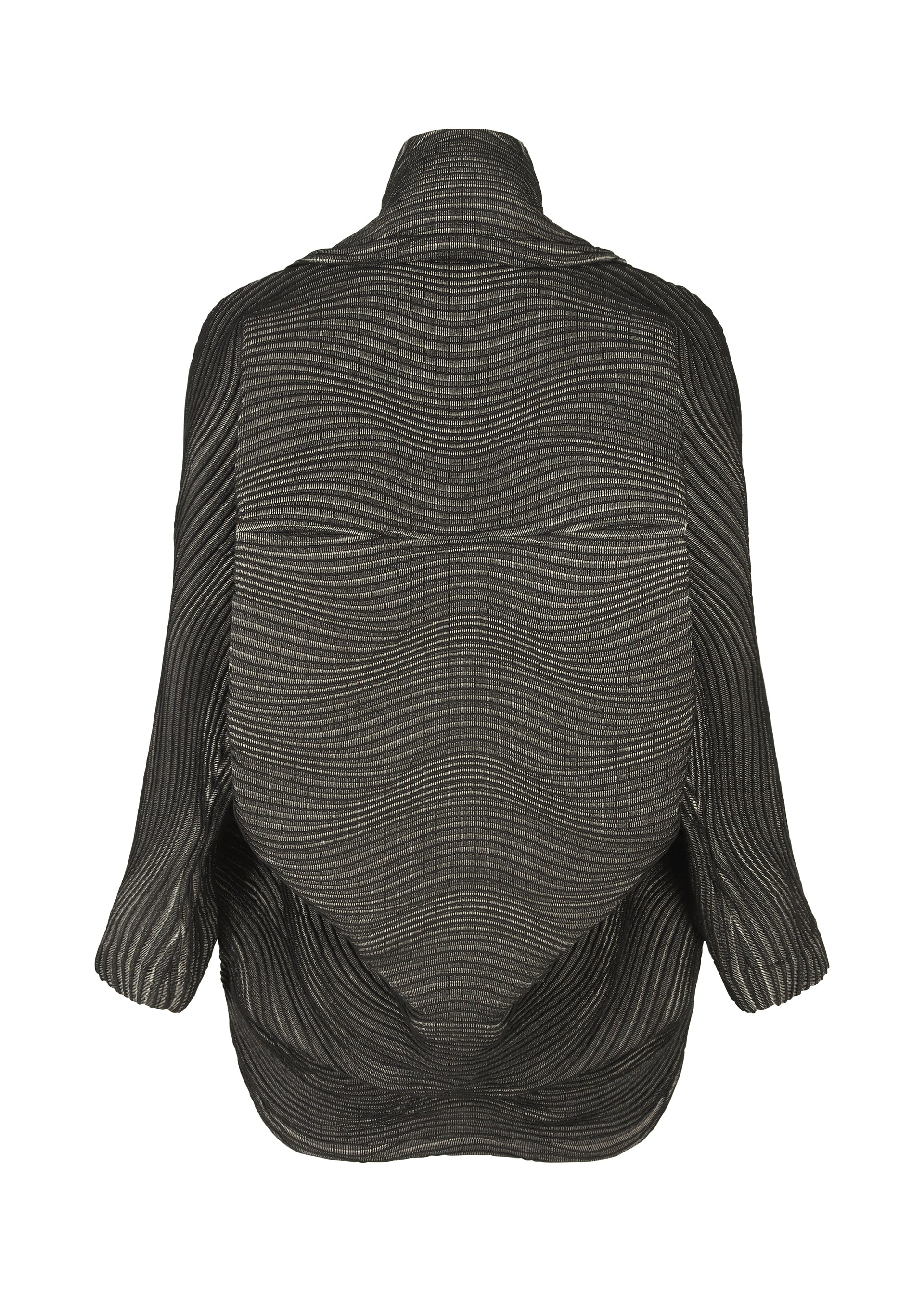 Zoomed view A back view of the TYPE-XI Spiber project jacket by A-POC ABLE ISSEY MIYAKE: a black and gray oversized, long-sleeve design with wavy stripes and high collar, crafted from Brewed Protein™ fiber via microbial fermentation.