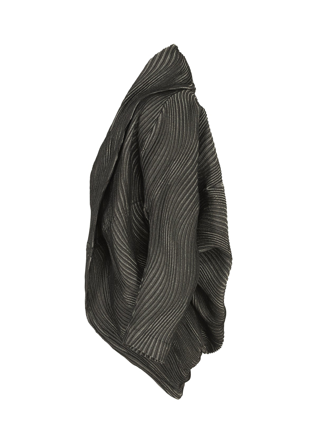 The TYPE-XI Spiber project by A-POC ABLE ISSEY MIYAKE is a black, voluminous garment featuring sculptural, wave-like pleats and organic curves, crafted from biodegradable material and shown side-on against a white background. view 3 of 9