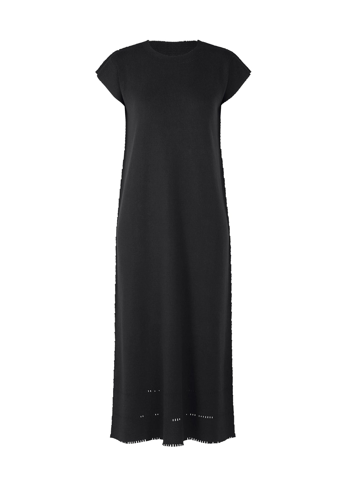 The TYPE-A BASICS dress by A-POC ABLE ISSEY MIYAKE is a long, black round-neck design with short French sleeves, featuring subtle open-knit A-POC details near the hem, displayed on a plain white background. view 2 of 5