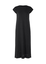 The TYPE-A BASICS dress by A-POC ABLE ISSEY MIYAKE is a long, black round-neck design with short French sleeves, featuring subtle open-knit A-POC details near the hem, displayed on a plain white background. - BLACK （no.15)