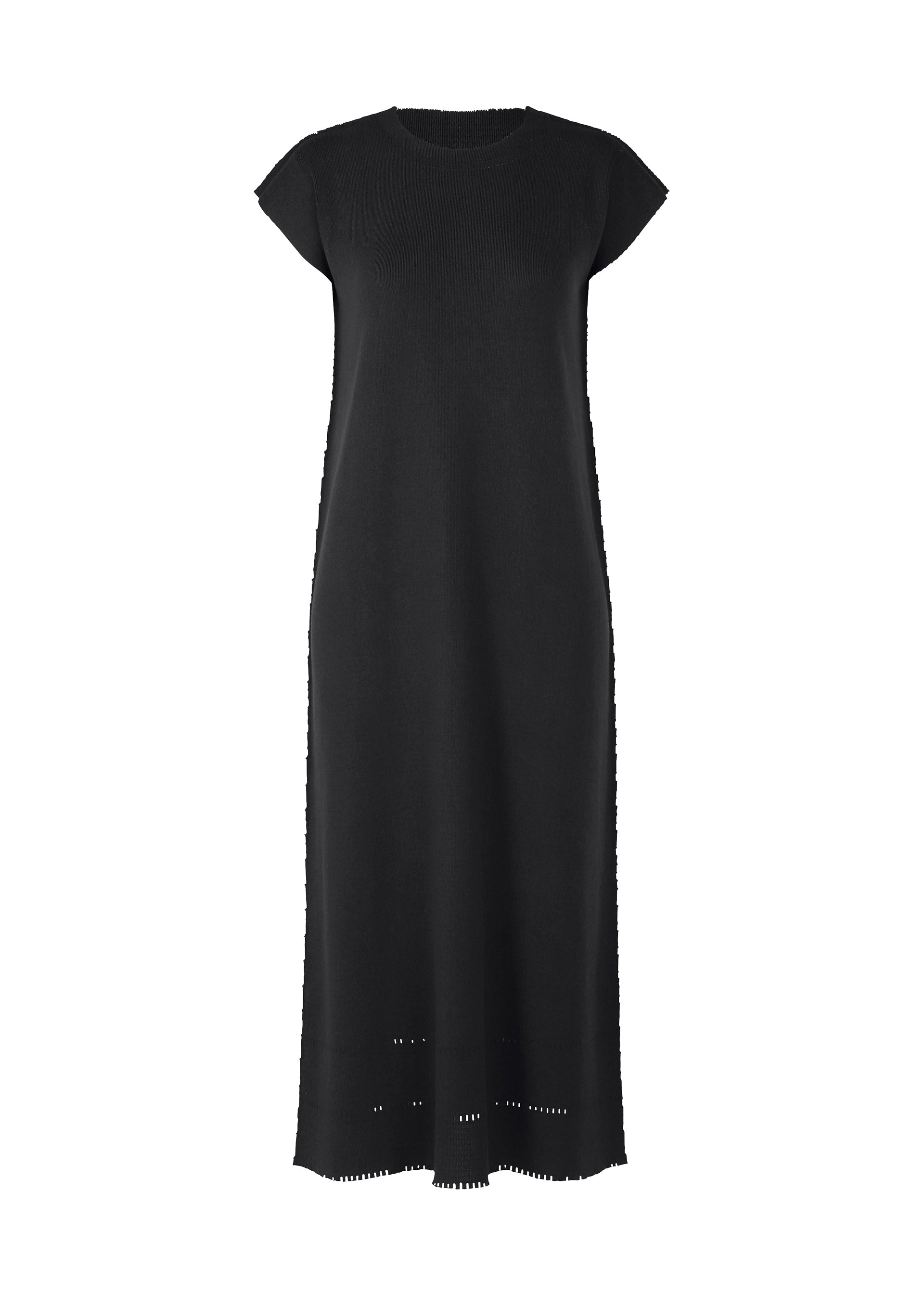 Zoomed view The TYPE-A BASICS dress by A-POC ABLE ISSEY MIYAKE is a long, black round-neck design with short French sleeves, featuring subtle open-knit A-POC details near the hem, displayed on a plain white background. - BLACK （no.15)
