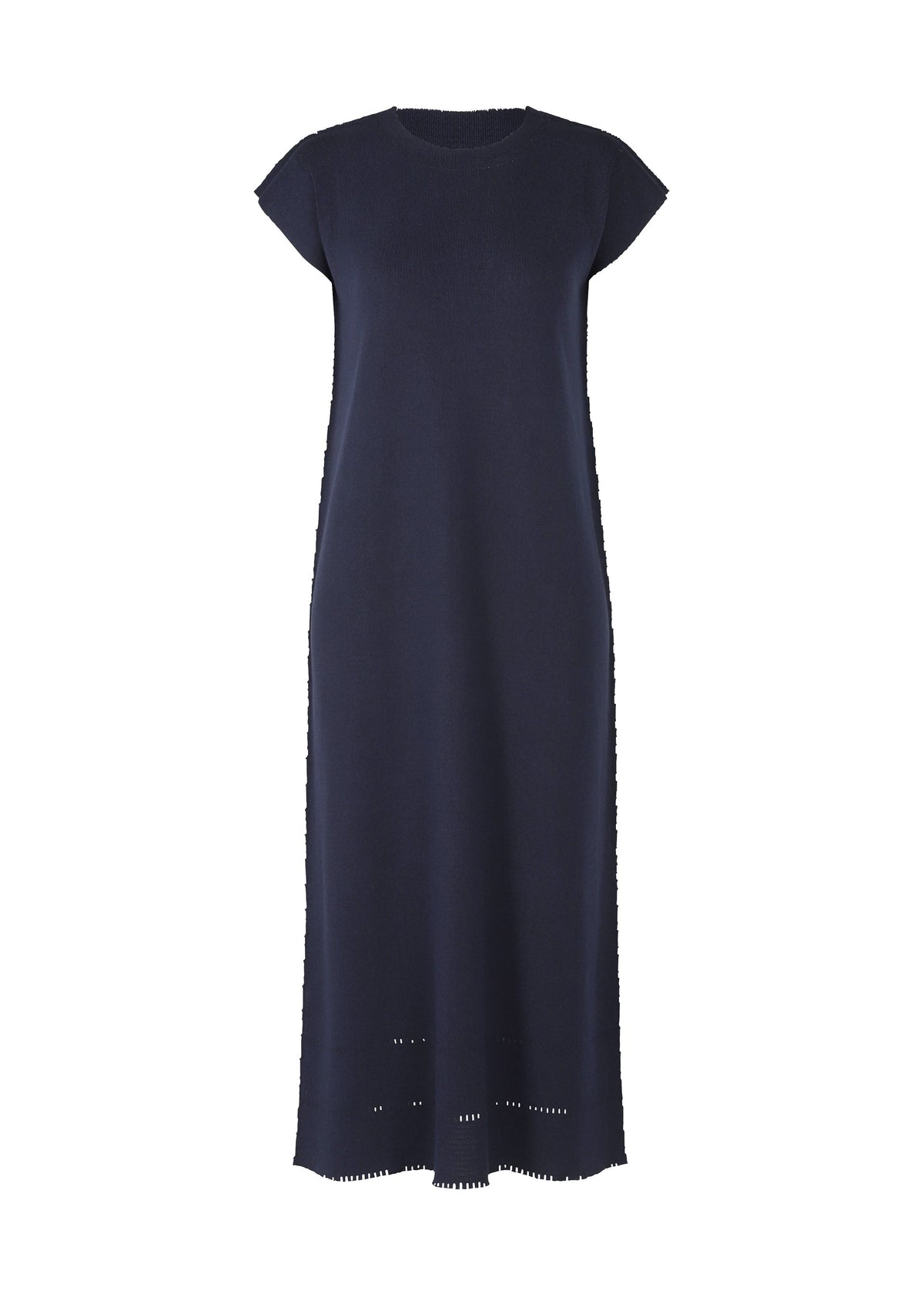TYPE-A BASICS by A-POC ABLE ISSEY MIYAKE is a navy blue, ankle-length dress featuring short French sleeves, a round neckline, and subtle detailing near the hem, displayed on a white background. view 3 of 5