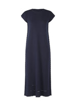 TYPE-A BASICS by A-POC ABLE ISSEY MIYAKE is a navy blue, ankle-length dress featuring short French sleeves, a round neckline, and subtle detailing near the hem, displayed on a white background. - NAVY （no.75）