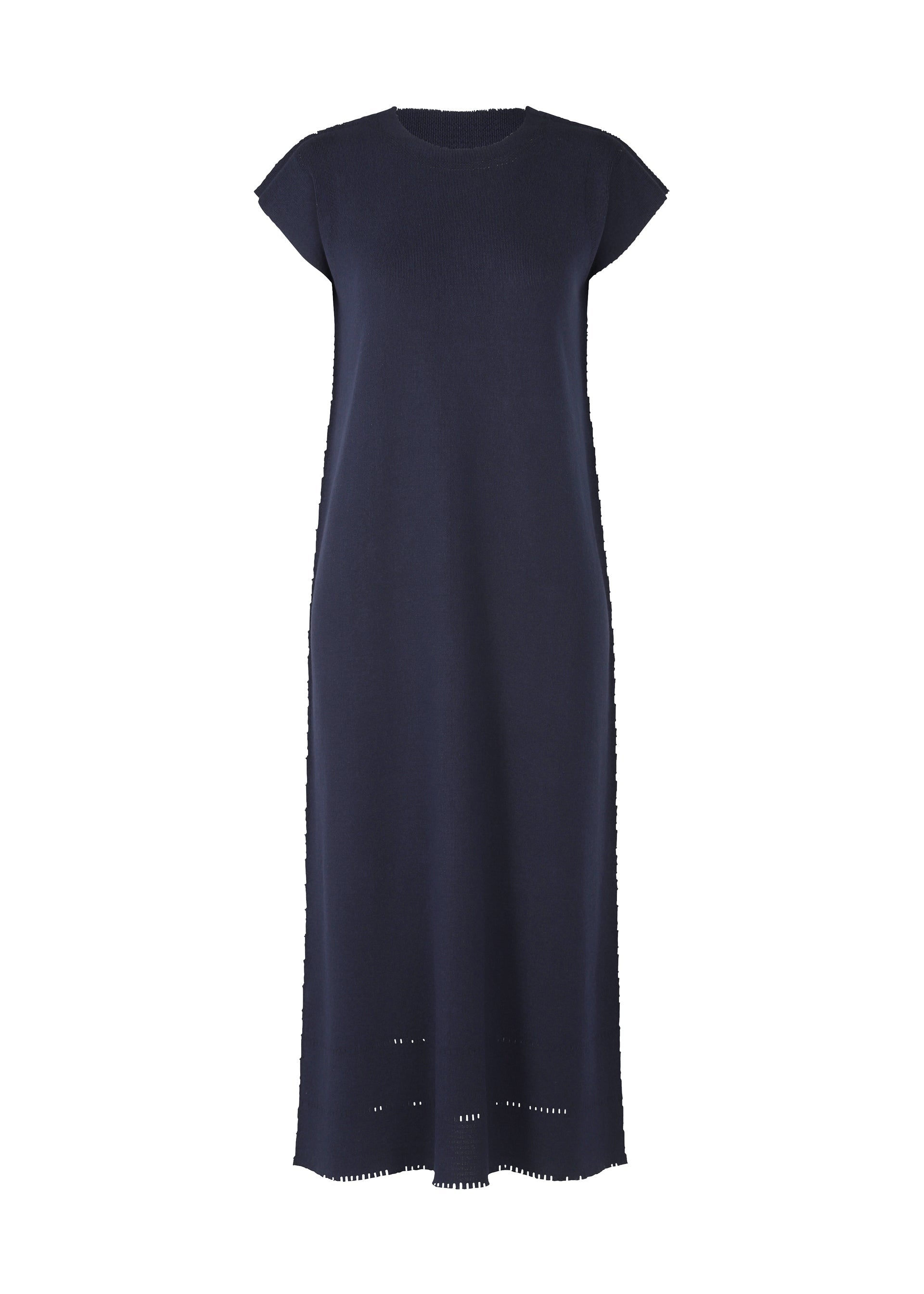 Zoomed view TYPE-A BASICS by A-POC ABLE ISSEY MIYAKE is a navy blue, ankle-length dress featuring short French sleeves, a round neckline, and subtle detailing near the hem, displayed on a white background. - NAVY （no.75）