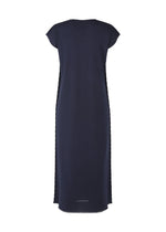 A back view of the TYPE-A BASICS dress by A-POC ABLE ISSEY MIYAKE, featuring a simple, straight-cut design with short sleeves, a round neckline, minimal detailing, and a calf-length navy blue silhouette.