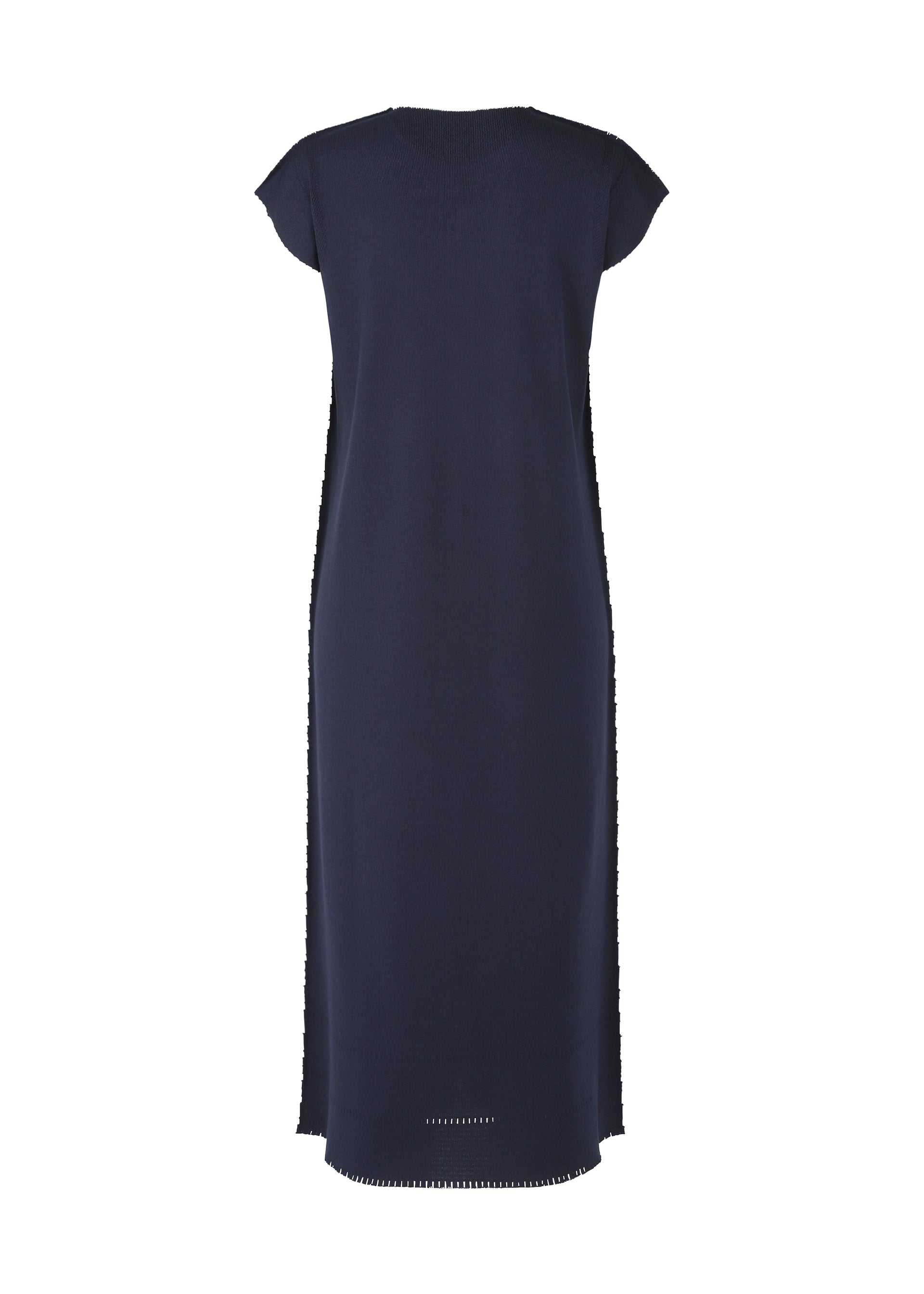 Zoomed view A back view of the TYPE-A BASICS dress by A-POC ABLE ISSEY MIYAKE, featuring a simple, straight-cut design with short sleeves, a round neckline, minimal detailing, and a calf-length navy blue silhouette.