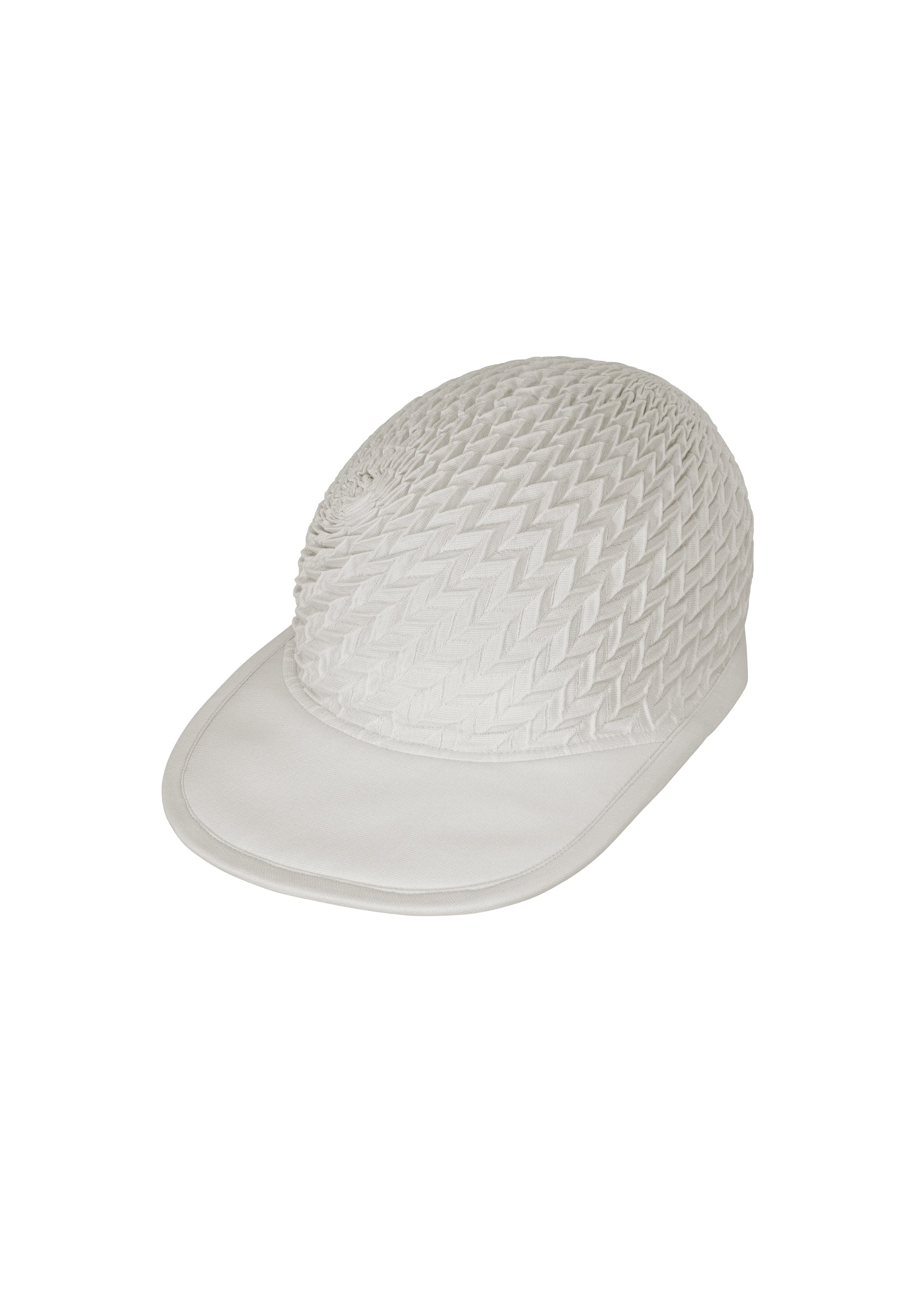 Zoomed view The TYPE-O CAP by A-POC ABLE ISSEY MIYAKE is a white adjustable hat with a zigzag textured woven crown and a smooth, plain brim. - LIGHT GRAY （no.11）