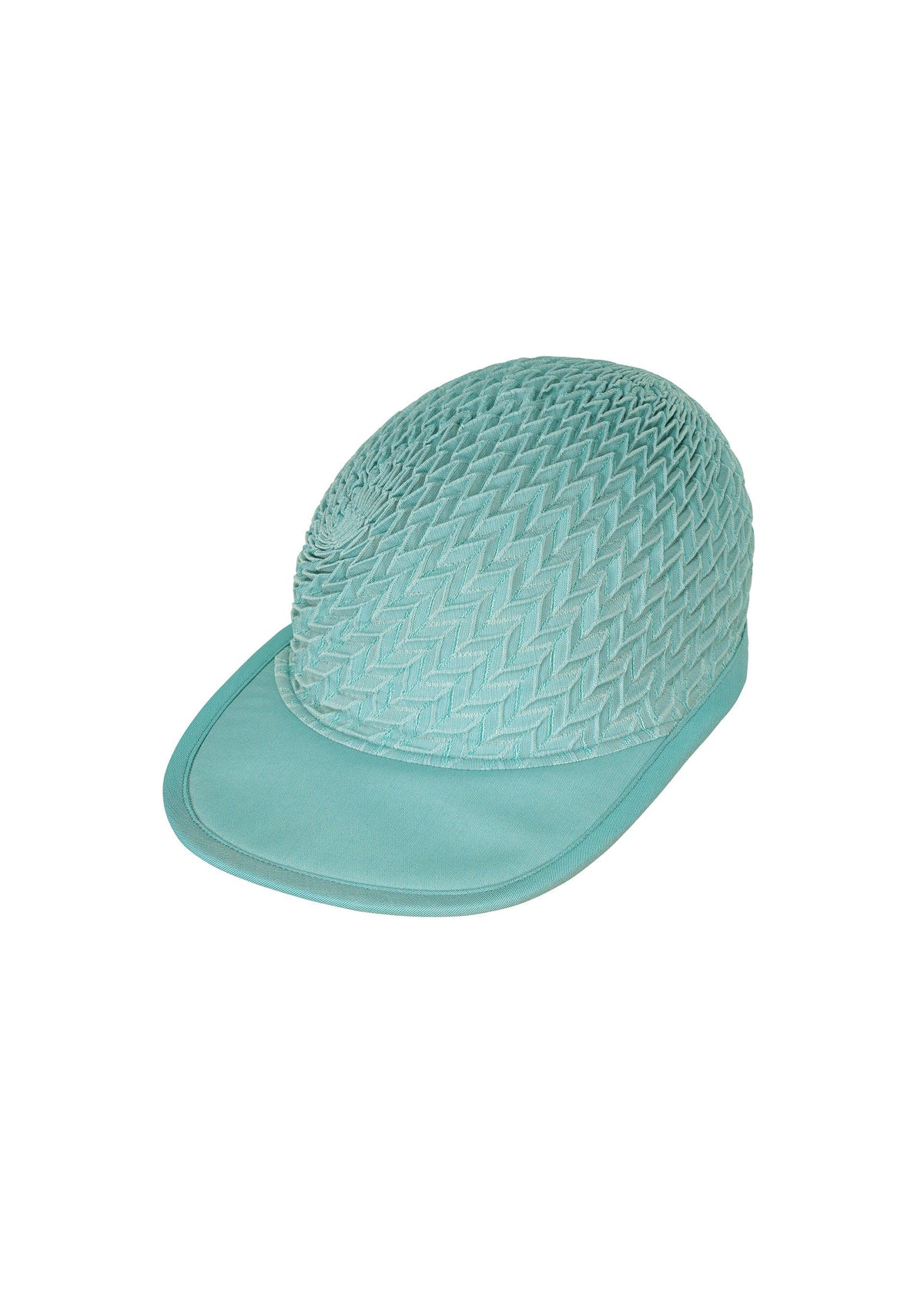 The TYPE-O CAP by A-POC ABLE ISSEY MIYAKE is a light blue pleated cap featuring a zigzag-patterned, dome-shaped crown made with the Steam Stretch technique and a smooth brim, shown on a white background. view 4 of 15