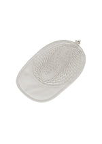 The TYPE-O CAP by A-POC ABLE ISSEY MIYAKE is a white, oval-shaped bag with a woven textured front, zipper closure, and small metal clasp, crafted using the Steam Stretch technique for durability and refined detail.