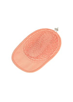 The TYPE-O CAP by A-POC ABLE ISSEY MIYAKE is a light pink visor hat featuring a textured woven pattern made with the Steam Stretch technique and a small silver clasp at the back, shown against a white background.