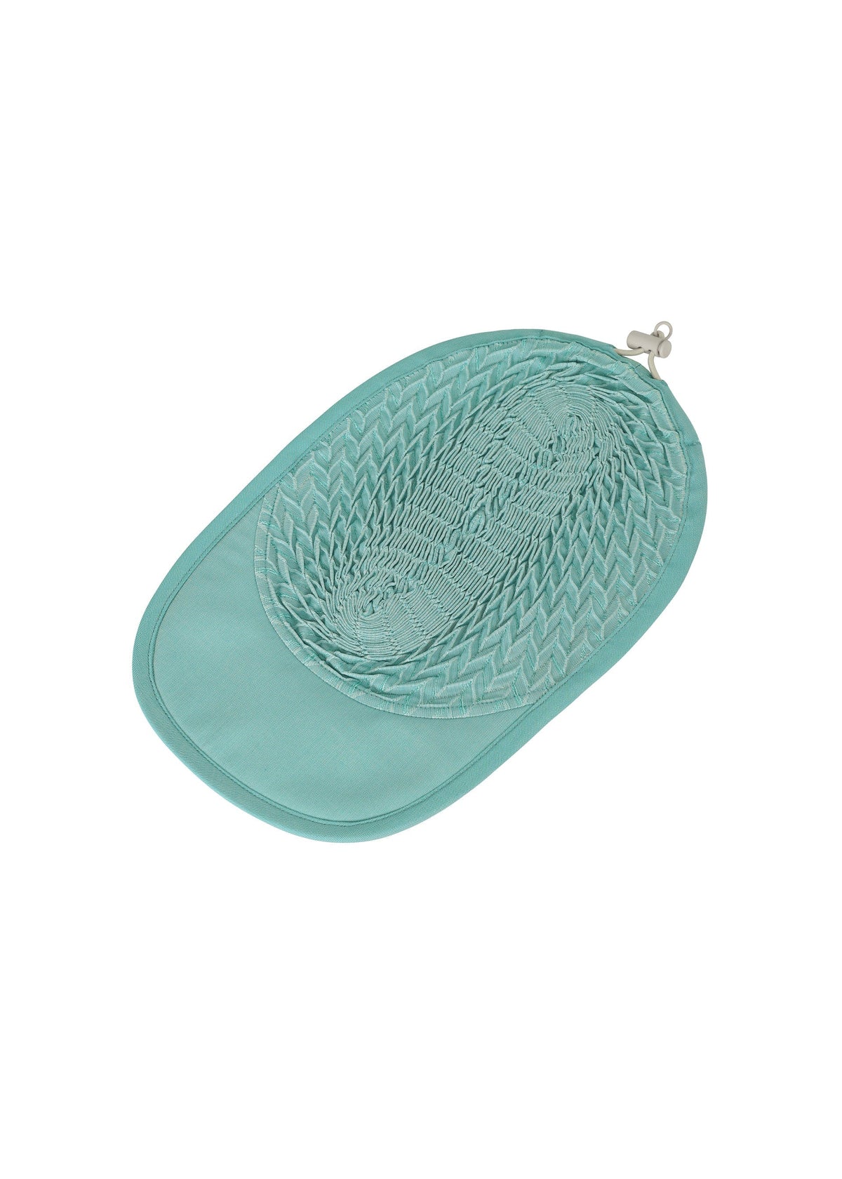 The TYPE-O CAP by A-POC ABLE ISSEY MIYAKE is a flat, aqua sun visor hat with a woven top, crafted using Steam Stretch. It features an adjustable strap with a plastic toggle at the back and is shown on a white background. view 8 of 15