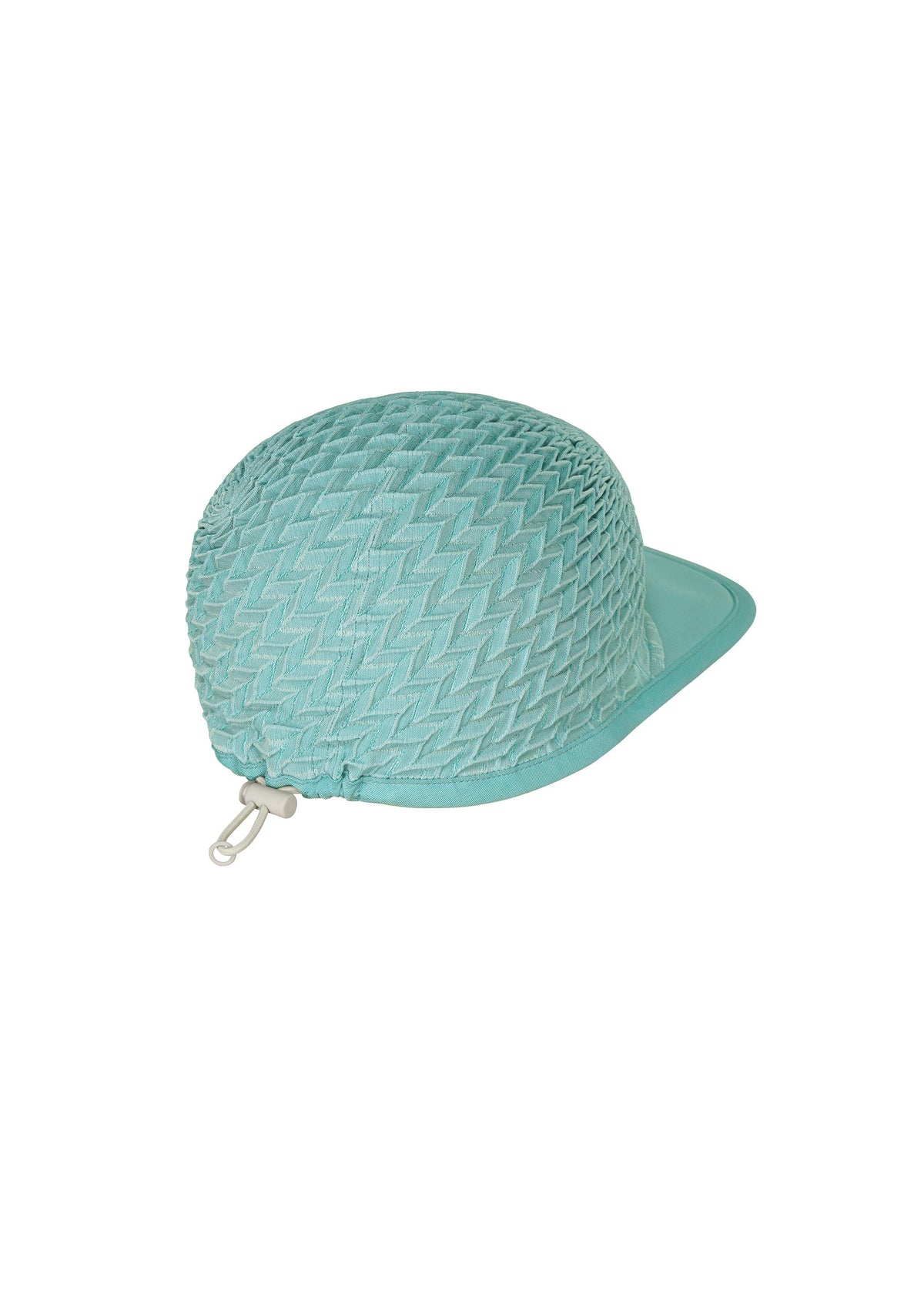 The TYPE-O CAP by A-POC ABLE ISSEY MIYAKE features light blue geometric pleats with a textured zigzag top, solid brim, and adjustable drawstring with plastic clip, crafted using the Steam Stretch technique. Photographed on a white background. view 9 of 15