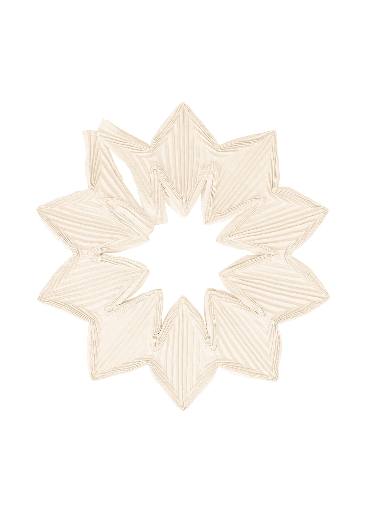 The TYPE-O STOLE 002 by A-POC ABLE ISSEY MIYAKE features cream-colored, pleated fabric in a circular, star-shaped design with pointed edges inspired by origami folds. view 1 of 15