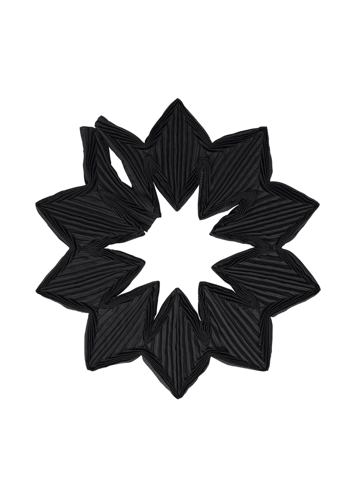 The TYPE-O STOLE 002 by A-POC ABLE ISSEY MIYAKE is a black pleated fabric accessory, crafted with origami folds in a symmetrical star or flower-like pattern, featuring pointed edges and an open center. view 2 of 15