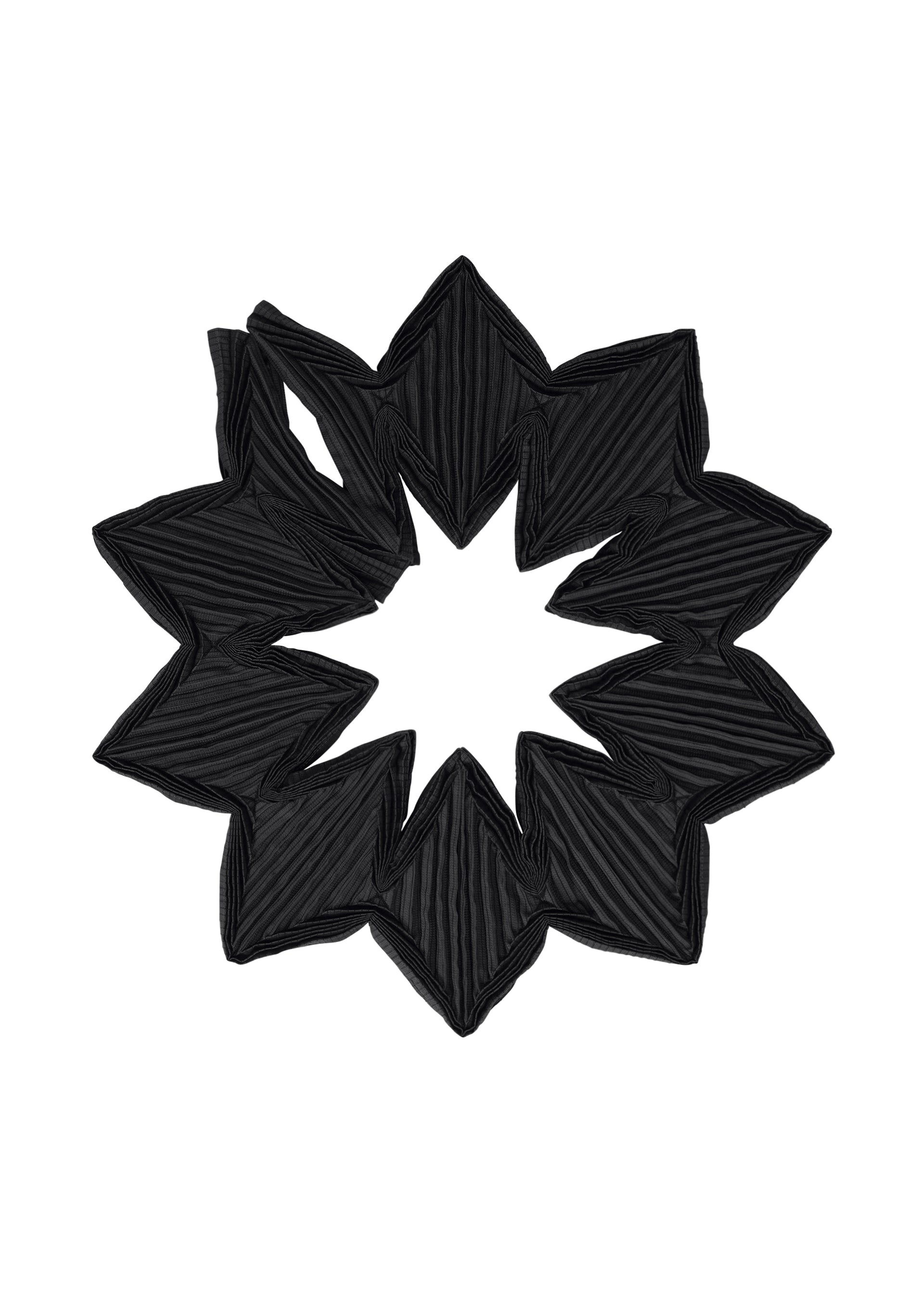 Zoomed view The TYPE-O STOLE 002 by A-POC ABLE ISSEY MIYAKE is a black pleated fabric accessory, crafted with origami folds in a symmetrical star or flower-like pattern, featuring pointed edges and an open center. - BLACK （no.15）