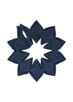 The TYPE-O STOLE 002 by A-POC ABLE ISSEY MIYAKE is displayed in a circular, star-like geometric design with pointed edges and an open center, showcasing its dark blue pleated fabric against a white background. - NAVY （no.75）
