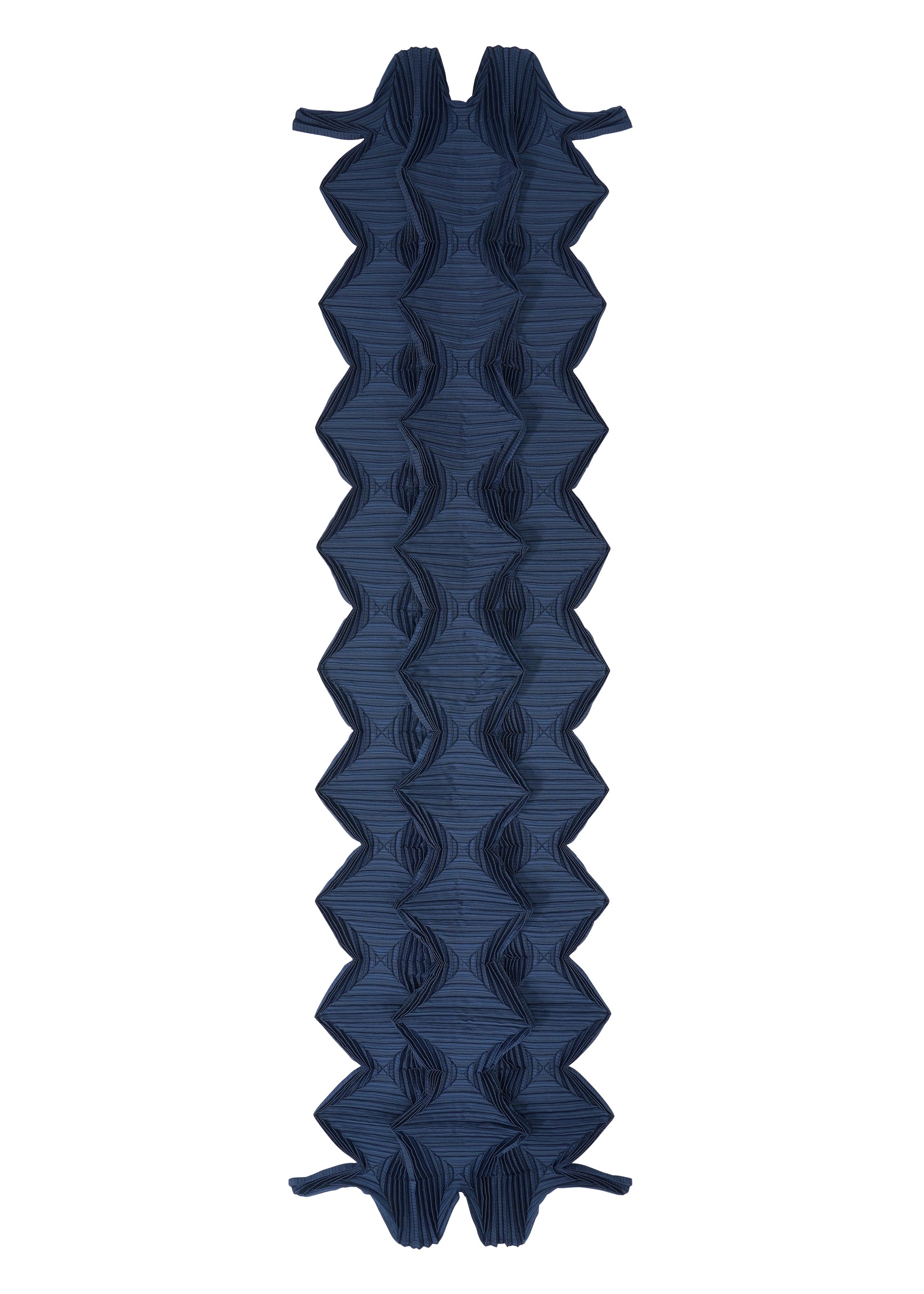 Zoomed view The TYPE-O STOLE 002 by A-POC ABLE ISSEY MIYAKE is a dark blue inflatable sleeping pad with a geometric, origami-inspired wavy pattern, textured surface, angled edges, and integrated lengthwise air chambers.