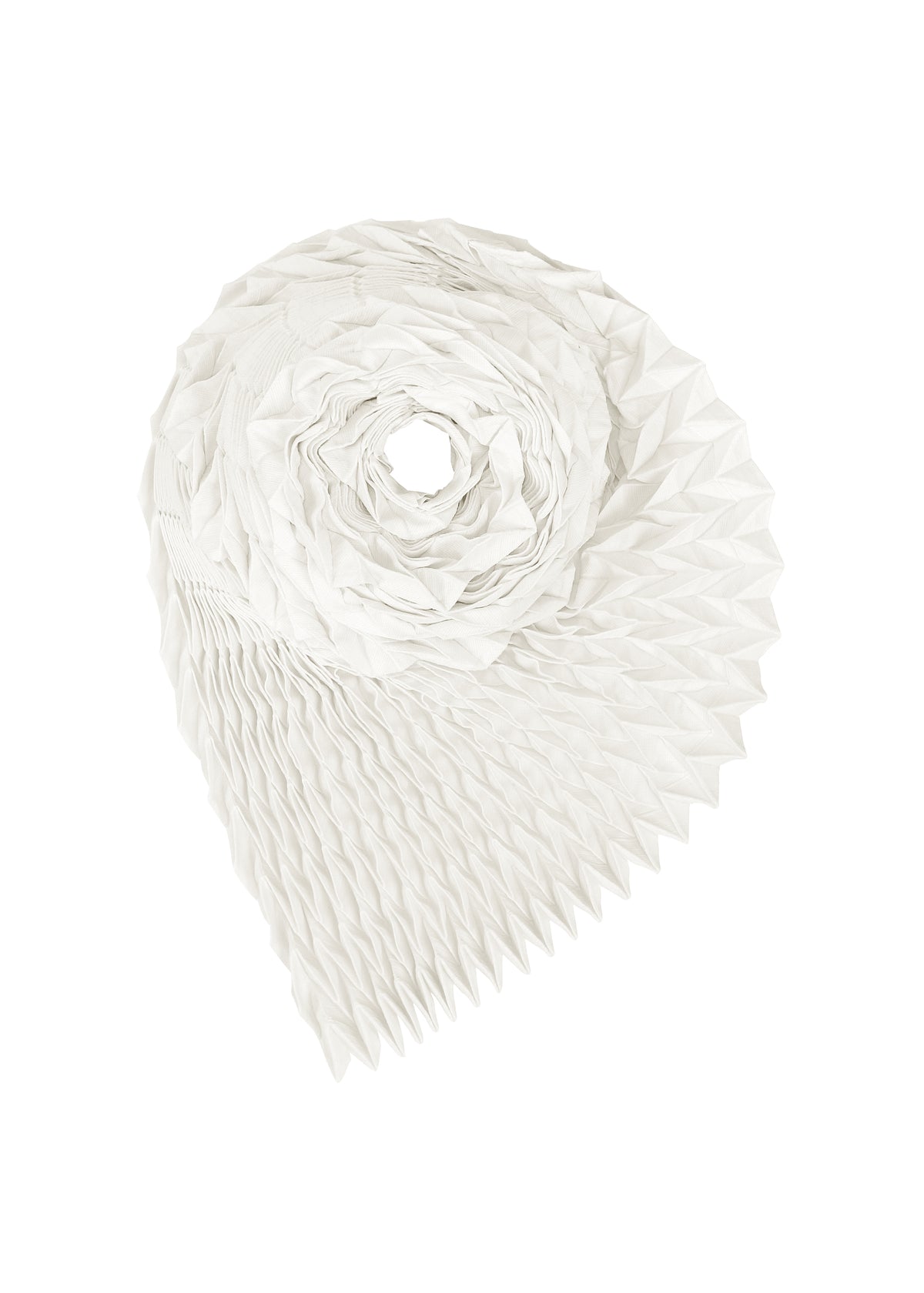 Introducing the TYPE-Ⅶ Kouzoshi project 002 by A-POC ABLE ISSEY MIYAKE—a white, geometric, spiraled sculpture handcrafted from delicate Tosa Washi paper. Its textured, honeycomb-like pattern forms a layered and dimensional teardrop shape. view 1 of 15
