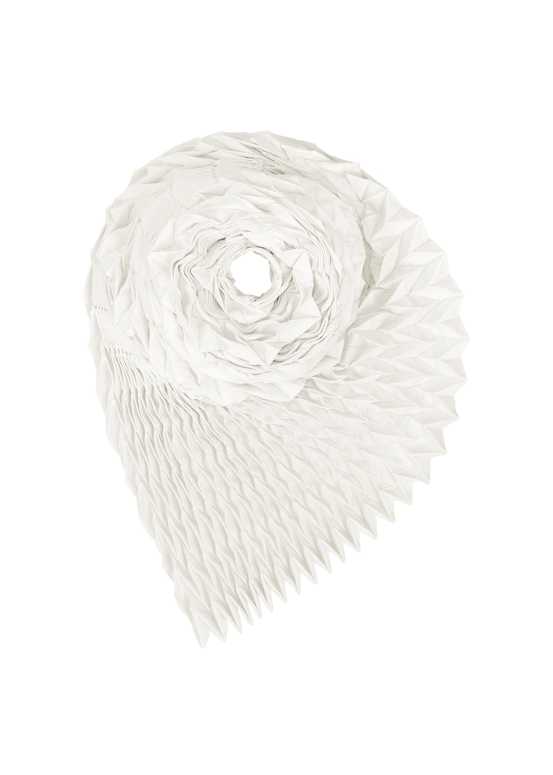 Zoomed view Introducing the TYPE-Ⅶ Kouzoshi project 002 by A-POC ABLE ISSEY MIYAKE—a white, geometric, spiraled sculpture handcrafted from delicate Tosa Washi paper. Its textured, honeycomb-like pattern forms a layered and dimensional teardrop shape. - WHITE-HUED （no.06）
