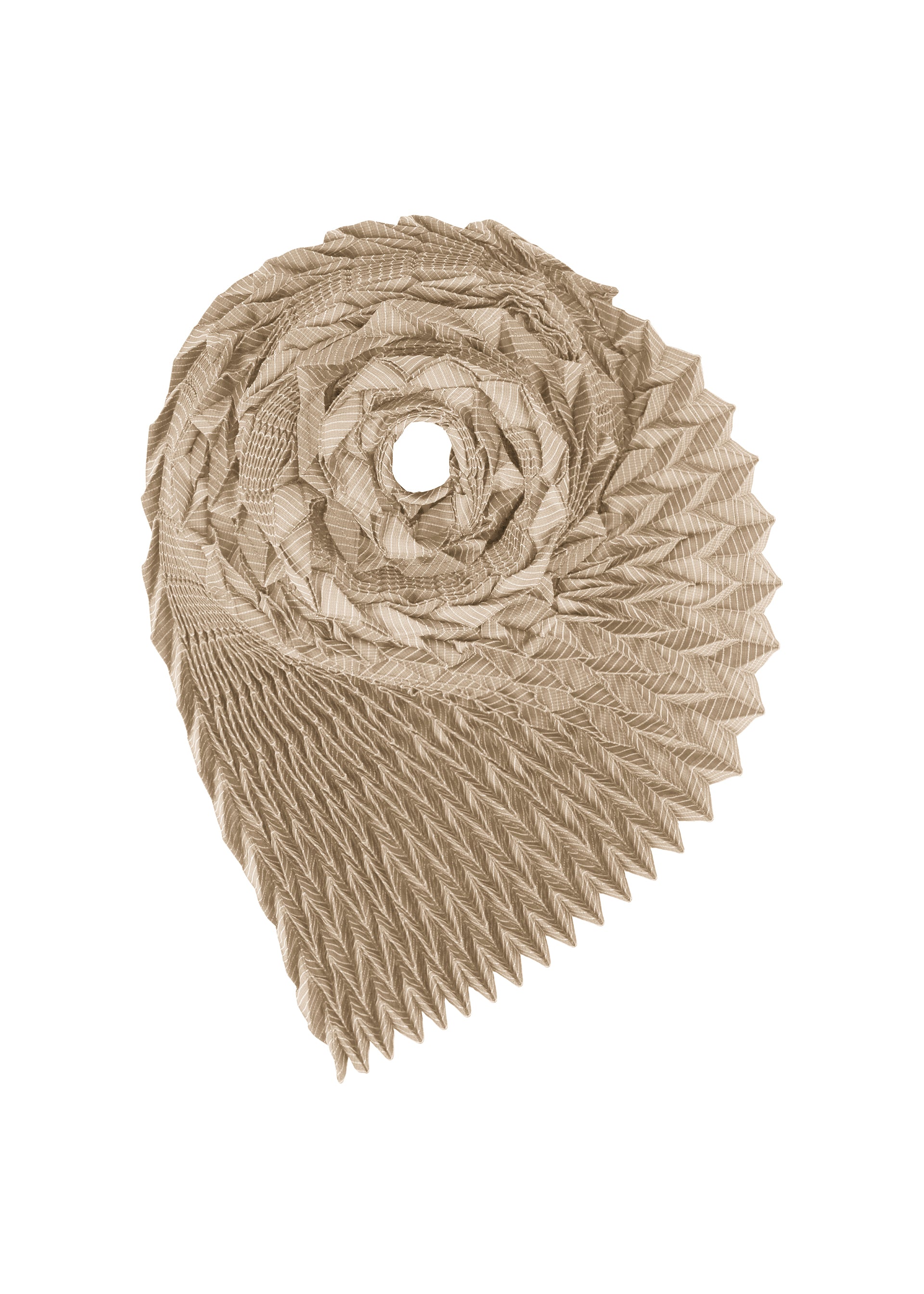 Zoomed view A textured, tan-colored, spiral-shaped object crafted from intricately folded Tosa Washi paper with a central hole and pointed edges, featuring an abstract geometric design inspired by the TYPE-Ⅶ Kouzoshi project 002 from A-POC ABLE ISSEY MIYAKE. - BEIGE-HUED （no.46）