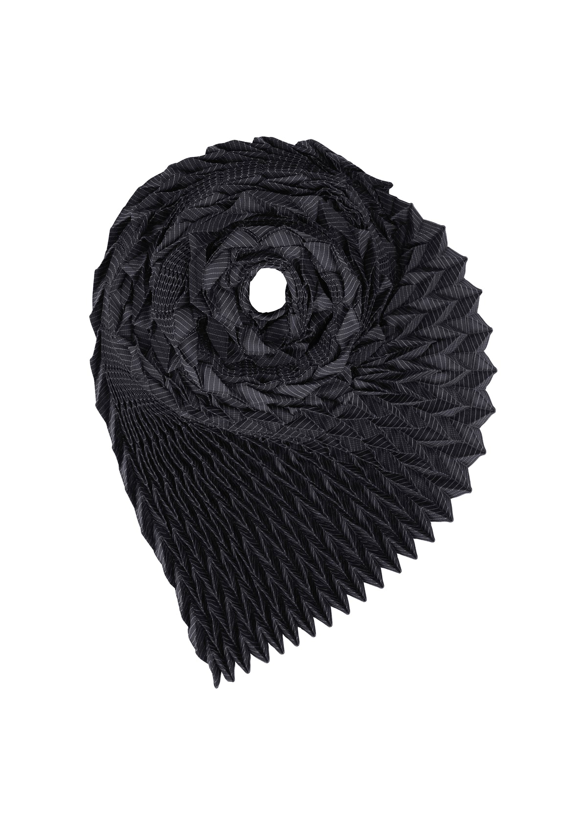 A black, intricately folded TYPE-Ⅶ Kouzoshi project 002 fabric by A-POC ABLE ISSEY MIYAKE is artfully arranged in a spiral, its pointed geometric edges recalling the sculptural elegance of an ISSEY MIYAKE collaboration stole—presented against a white background. view 3 of 15