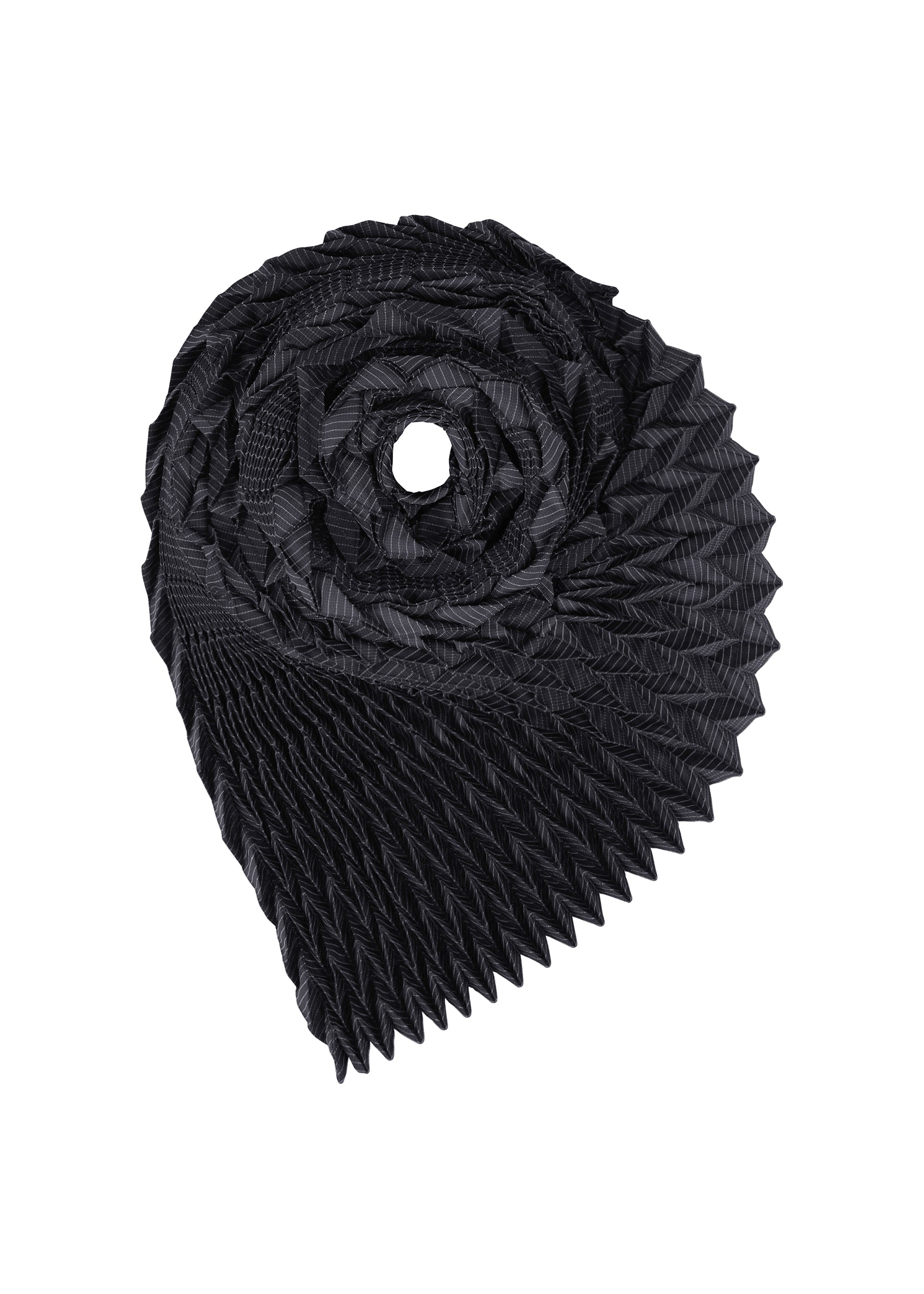 Zoomed view A black, intricately folded TYPE-Ⅶ Kouzoshi project 002 fabric by A-POC ABLE ISSEY MIYAKE is artfully arranged in a spiral, its pointed geometric edges recalling the sculptural elegance of an ISSEY MIYAKE collaboration stole—presented against a white background. - NAVY-HUED （no.79）