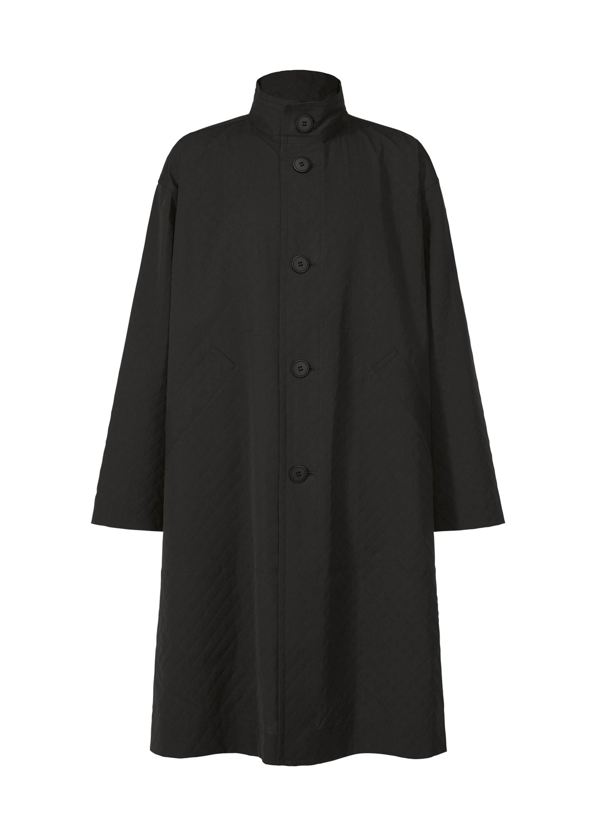 The TYPE-T 001-1 by A-POC ABLE ISSEY MIYAKE is a long black textured coat with a high collar, front buttons, two diagonal side pockets, and long sleeves. view 1 of 12