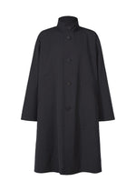 The TYPE-T 001-1 by A-POC ABLE ISSEY MIYAKE is a long, black textured button-up coat with a high collar, diagonal pockets, and long sleeves. Its simple, loose-fitting design creates a sleek, modern look against a white background. - NAVY （no.75）